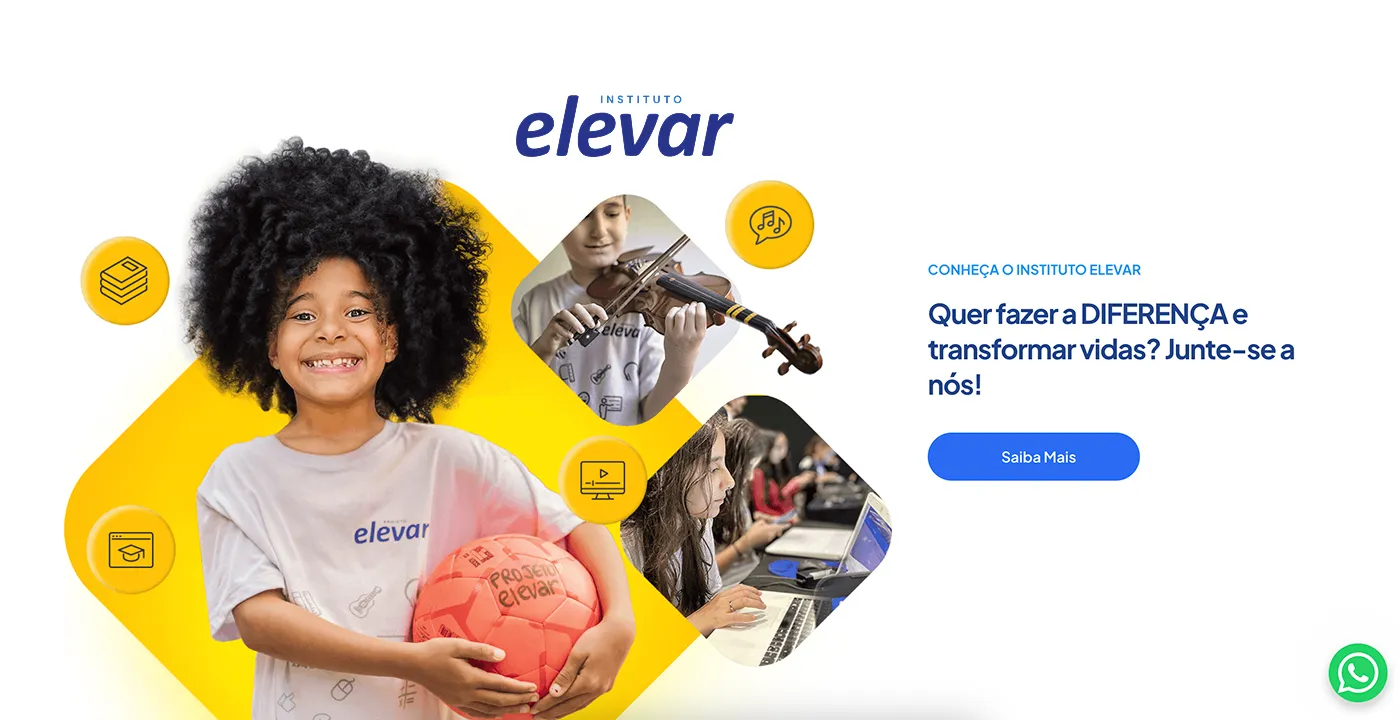 Instituto Elevar homepage with a smiling child and the invitation "Want to make a difference and change lives?"