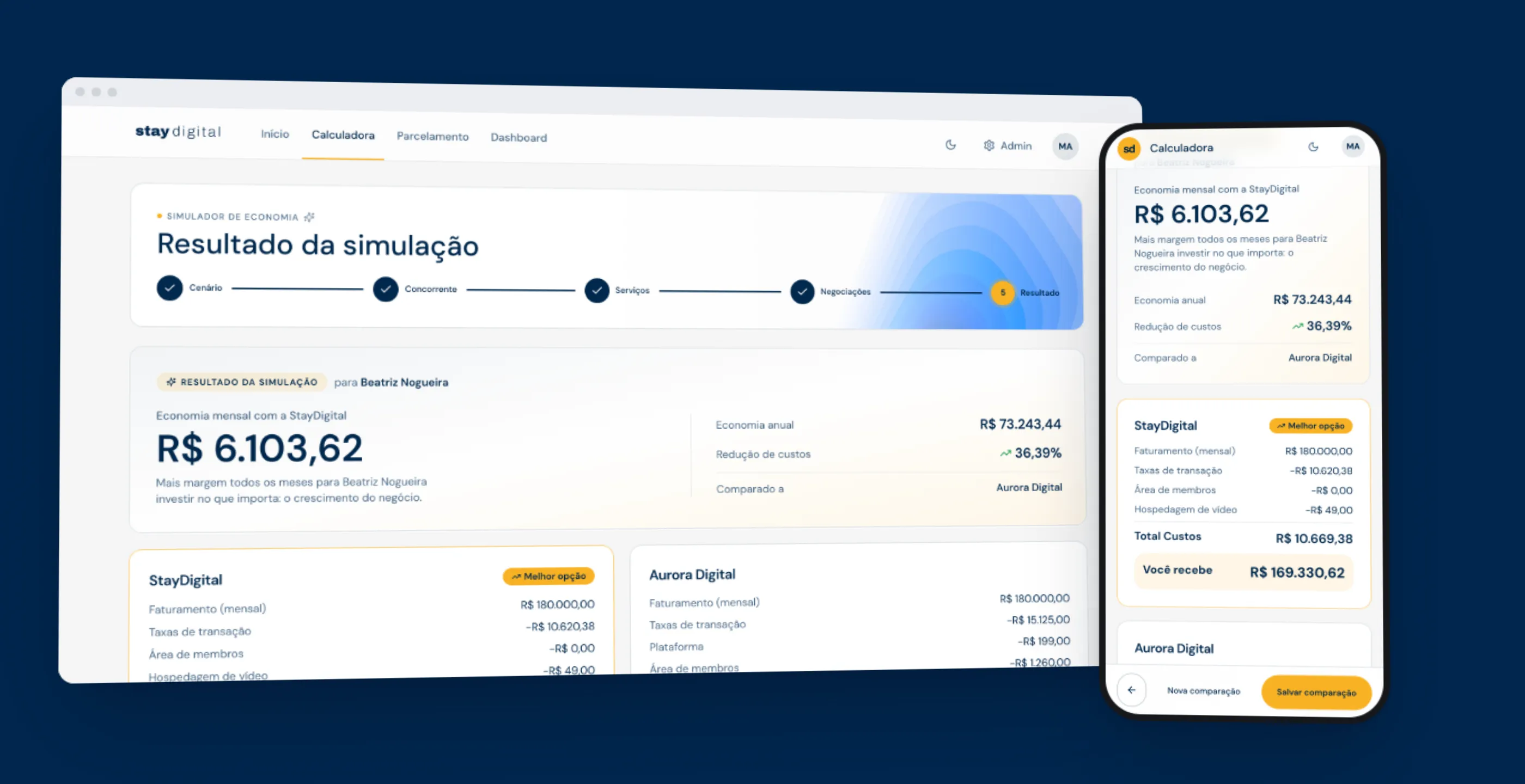 Montagem com a tela de resultado da calculadora no desktop e no celular, com a economia mensal em destaque, a economia anual, o percentual de redução e o comparativo com a plataforma concorrente