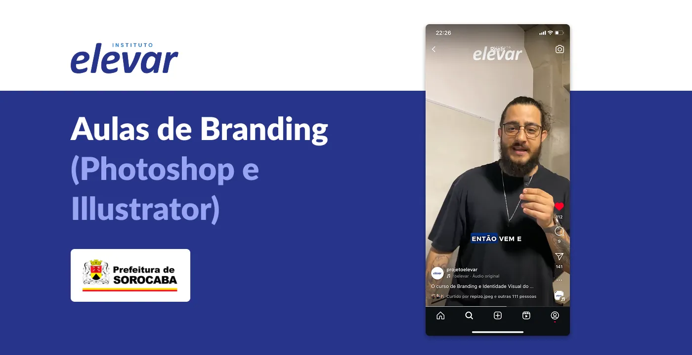 Capa das aulas de Branding, Photoshop e Illustrator no Instituto Elevar com vídeo do professor voluntário