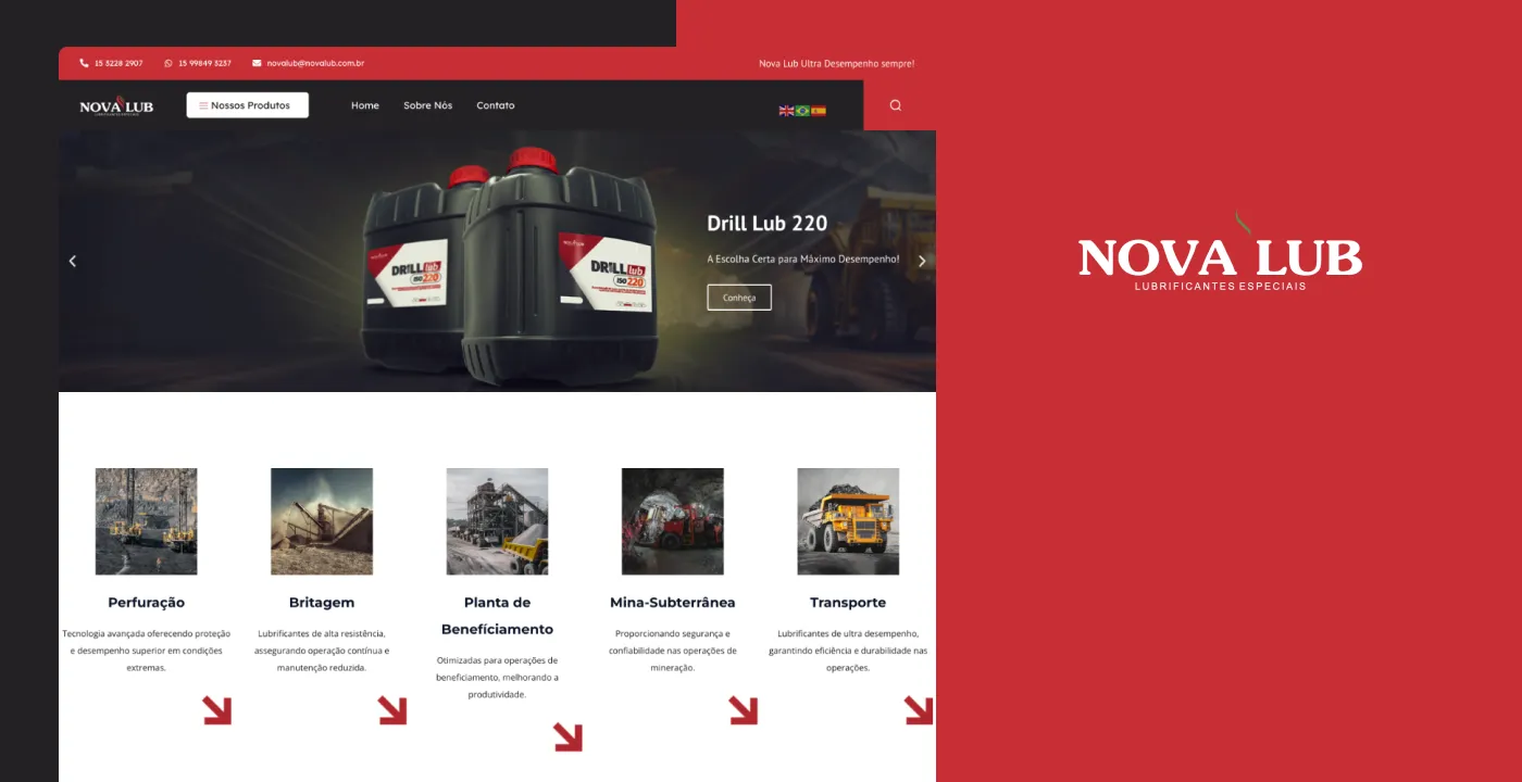 Home do site da Nova Lub com galão de lubrificante Drill Lub e segmentos de atuação