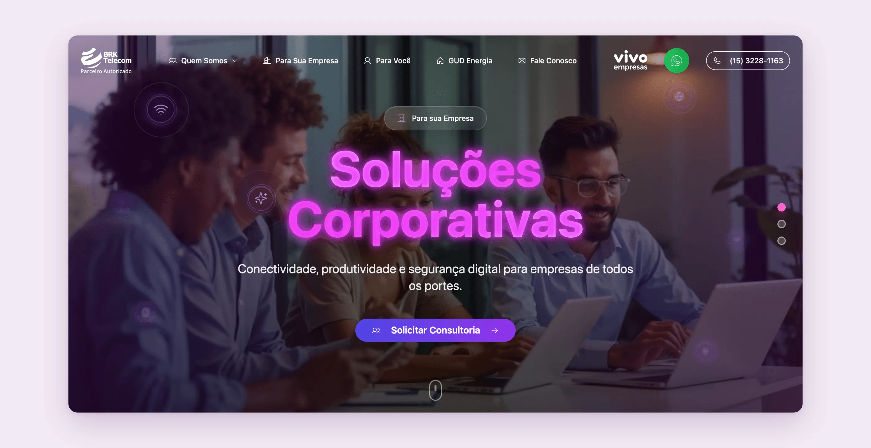 BRK Telecom homepage, with a purple Corporate Solutions banner, a Vivo Empresas badge and a request-a-consultation button
