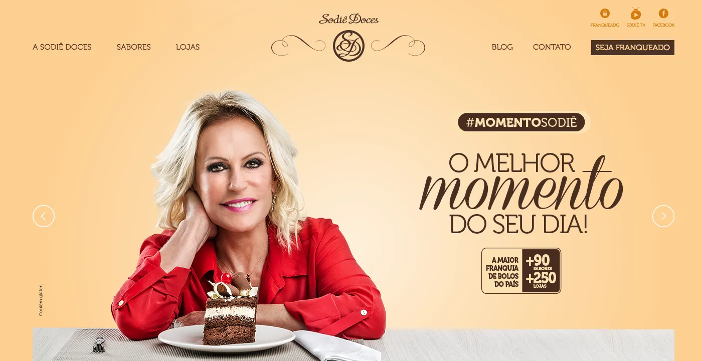 Home do site da Sodiê Doces com banner "O melhor momento do seu dia" e fatia de bolo