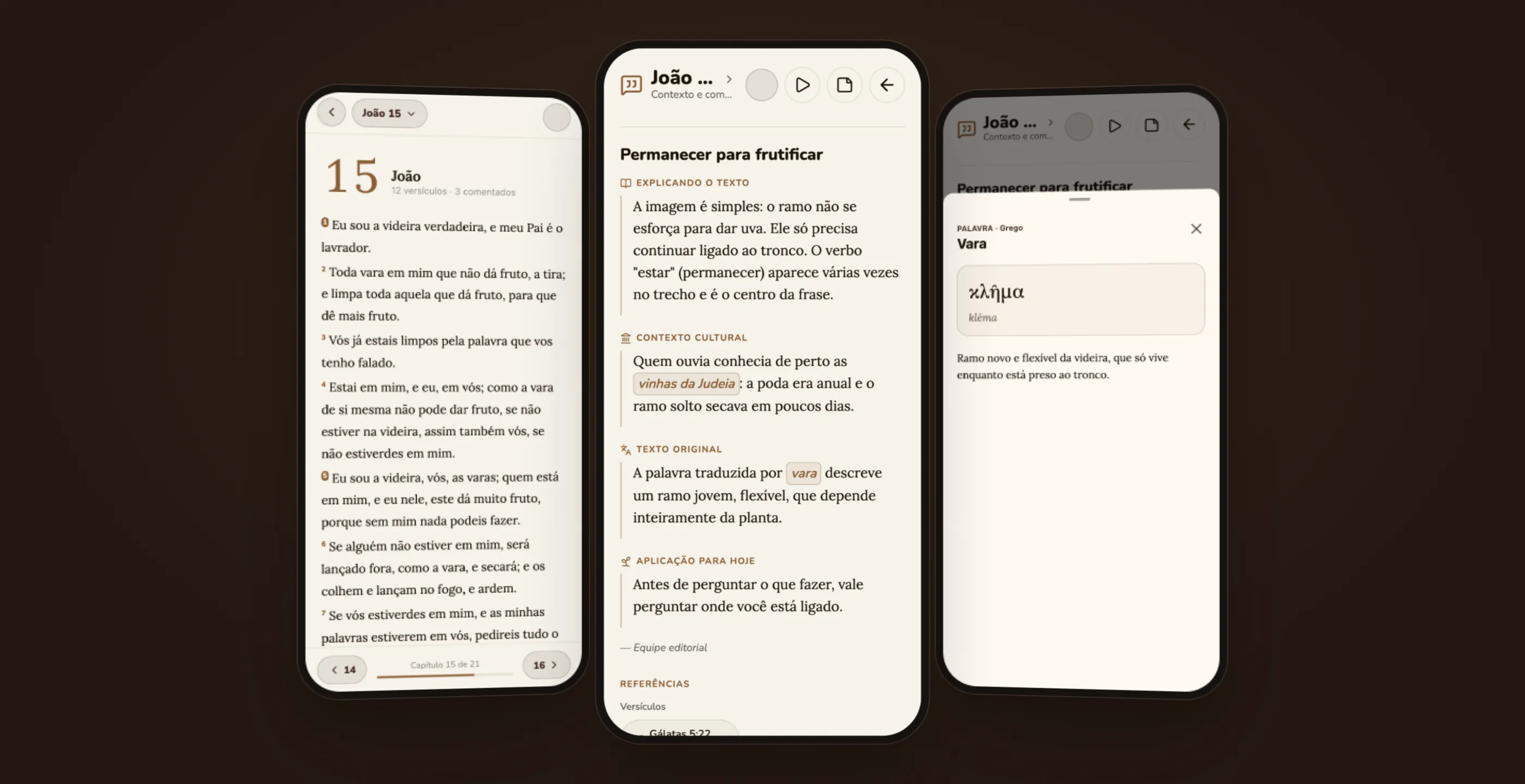 Three phones in perspective showing the Bible study app: the chapter John 15, the commentary on verse 5 split into sections, and the entry for the Greek word in the original text