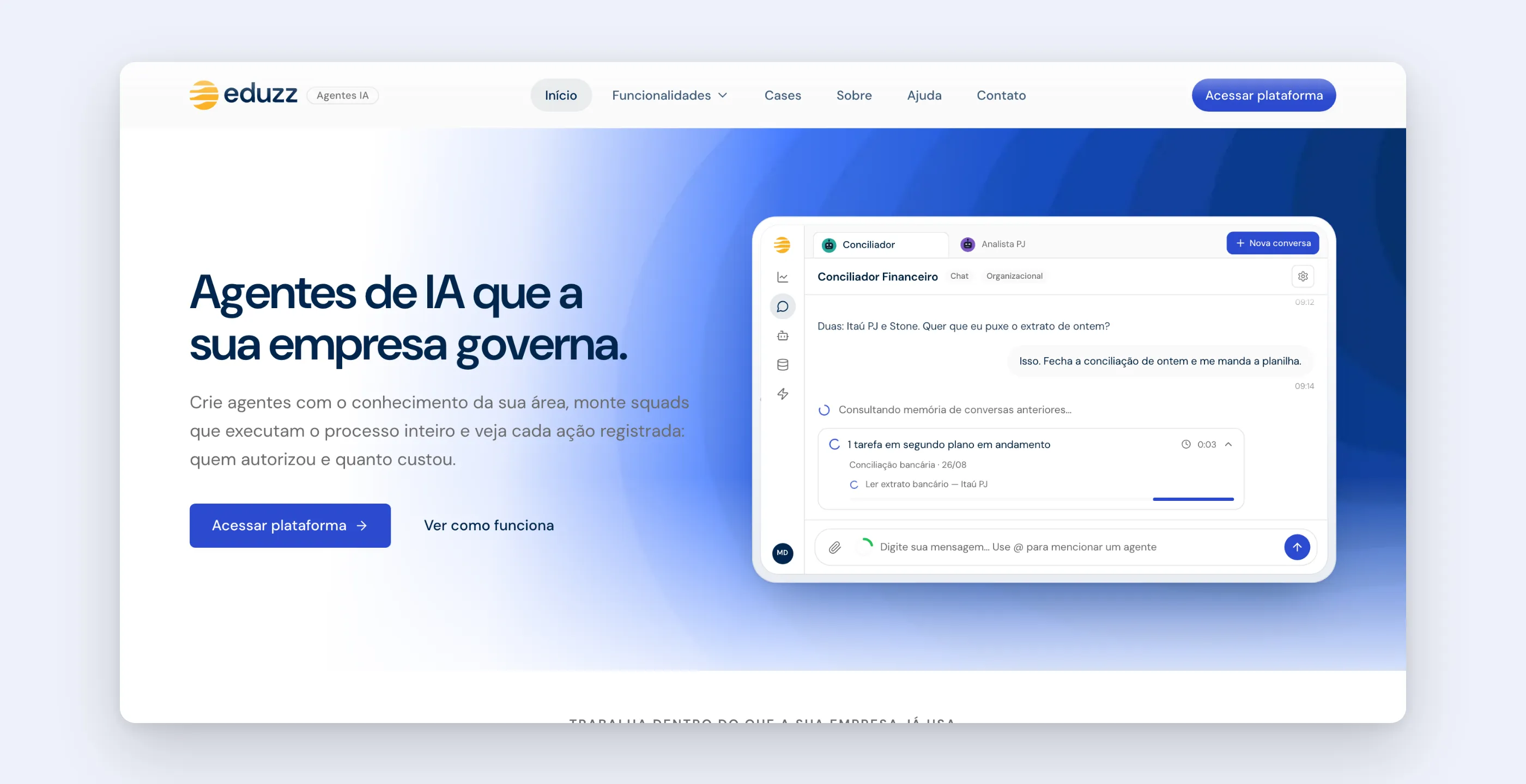 Topo do site da Agents for Life, com título curto à esquerda e uma conversa com agente animada num tablet à direita