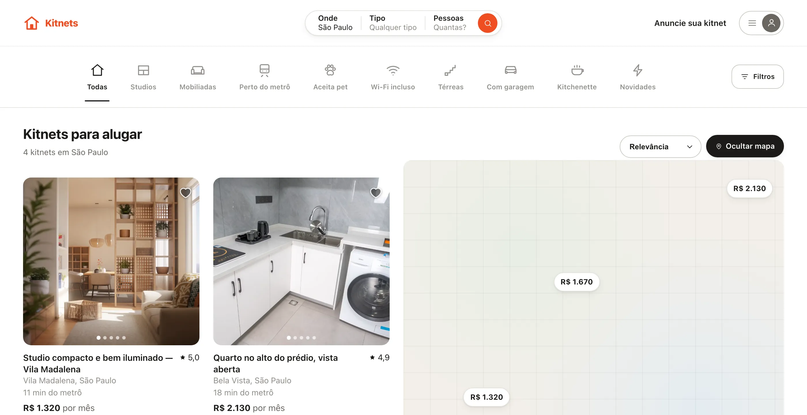Busca de kitnets em São Paulo com quatro resultados em cards e um mapa com o preço de cada anúncio