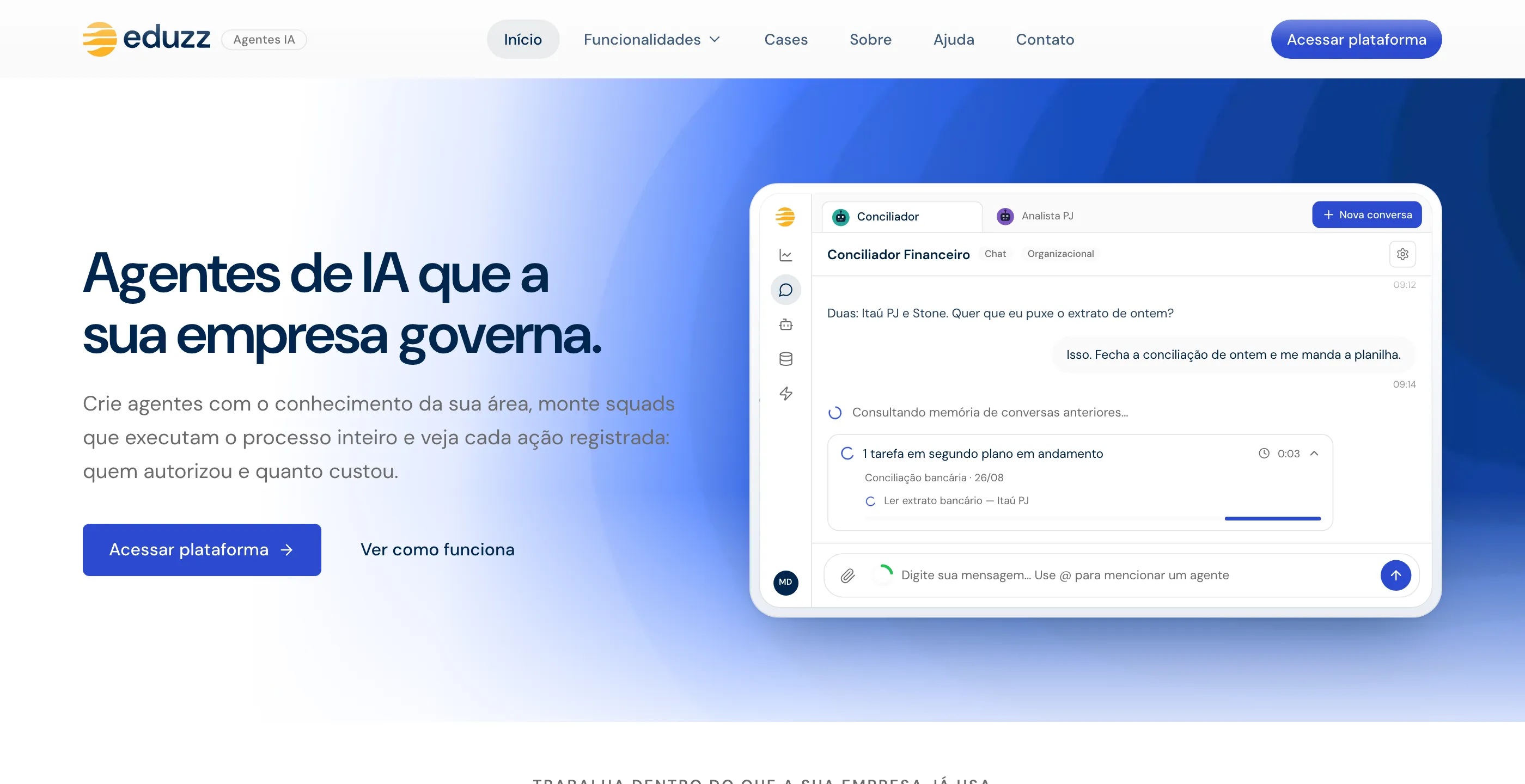 Topo do site da Agents for Life com título curto sobre agentes governados e uma conversa animada com agente num tablet