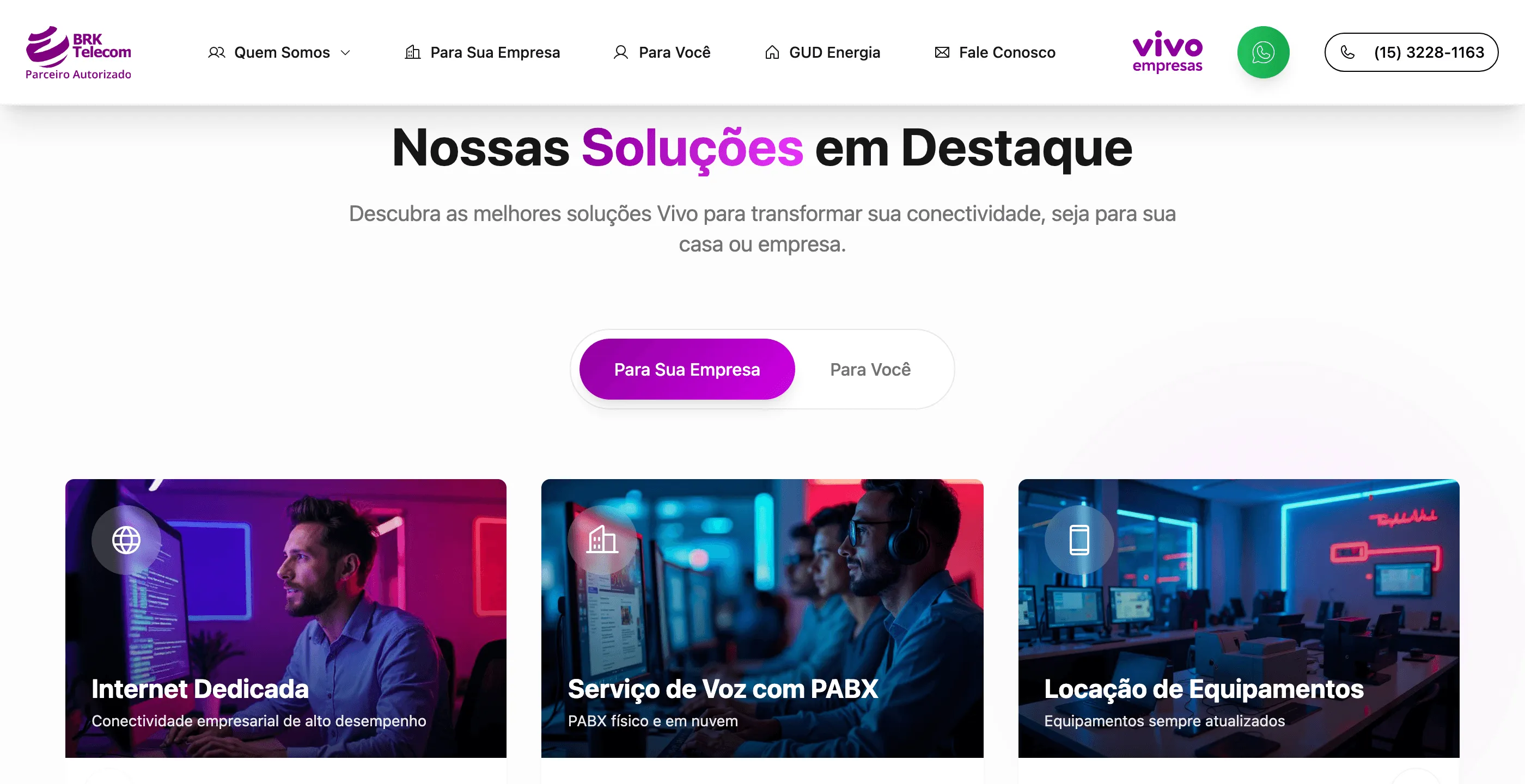 Homepage showcase with For Your Business and For You tabs and cards for dedicated internet, voice with PBX and equipment rental