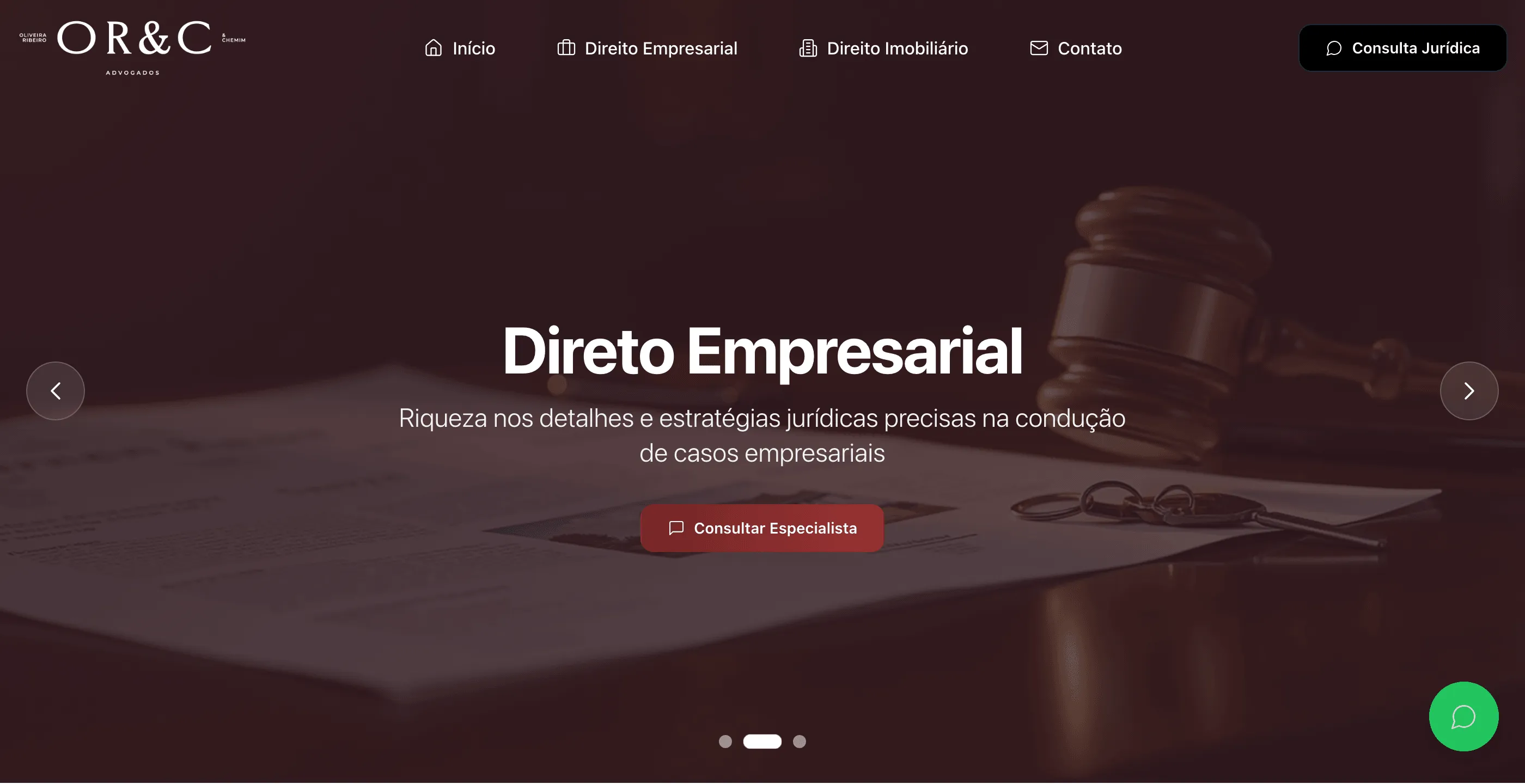 Banner da OR&C Advogados em tons escuros com título sobre direito empresarial e botão de consulta
