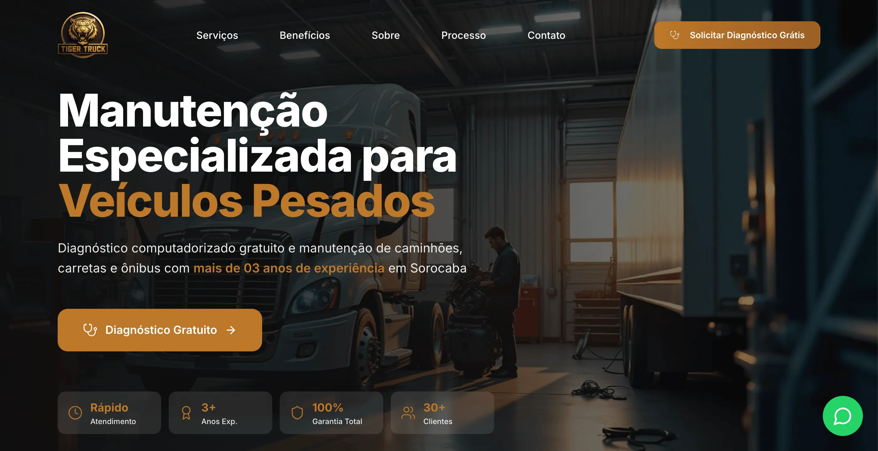Top of the landing page with a headline about heavy-vehicle maintenance and a free-diagnosis button