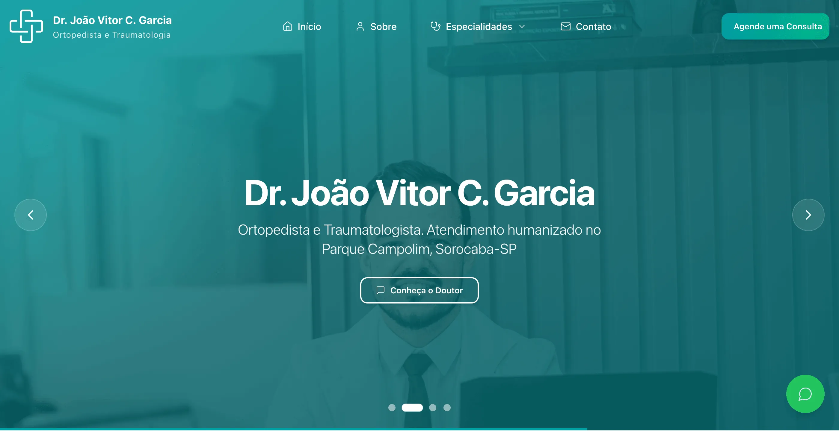 Banner da página inicial com o nome do Dr. João Vitor Garcia, especialidade e botão para conhecer o doutor
