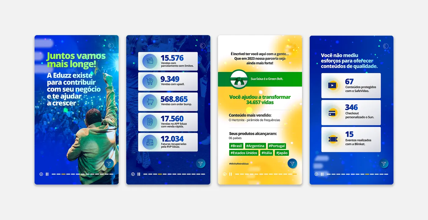 Screens with the creator's metrics in cards on a blue background