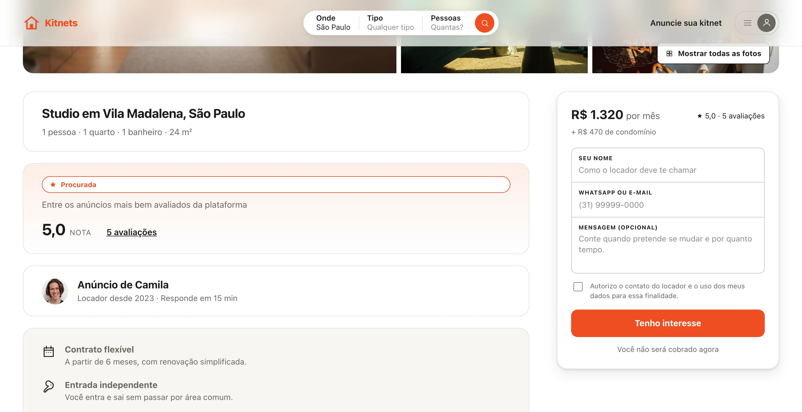 Página do anúncio com resumo do imóvel, nota, apresentação do proprietário e um cartão fixo de contato com nome, WhatsApp e mensagem