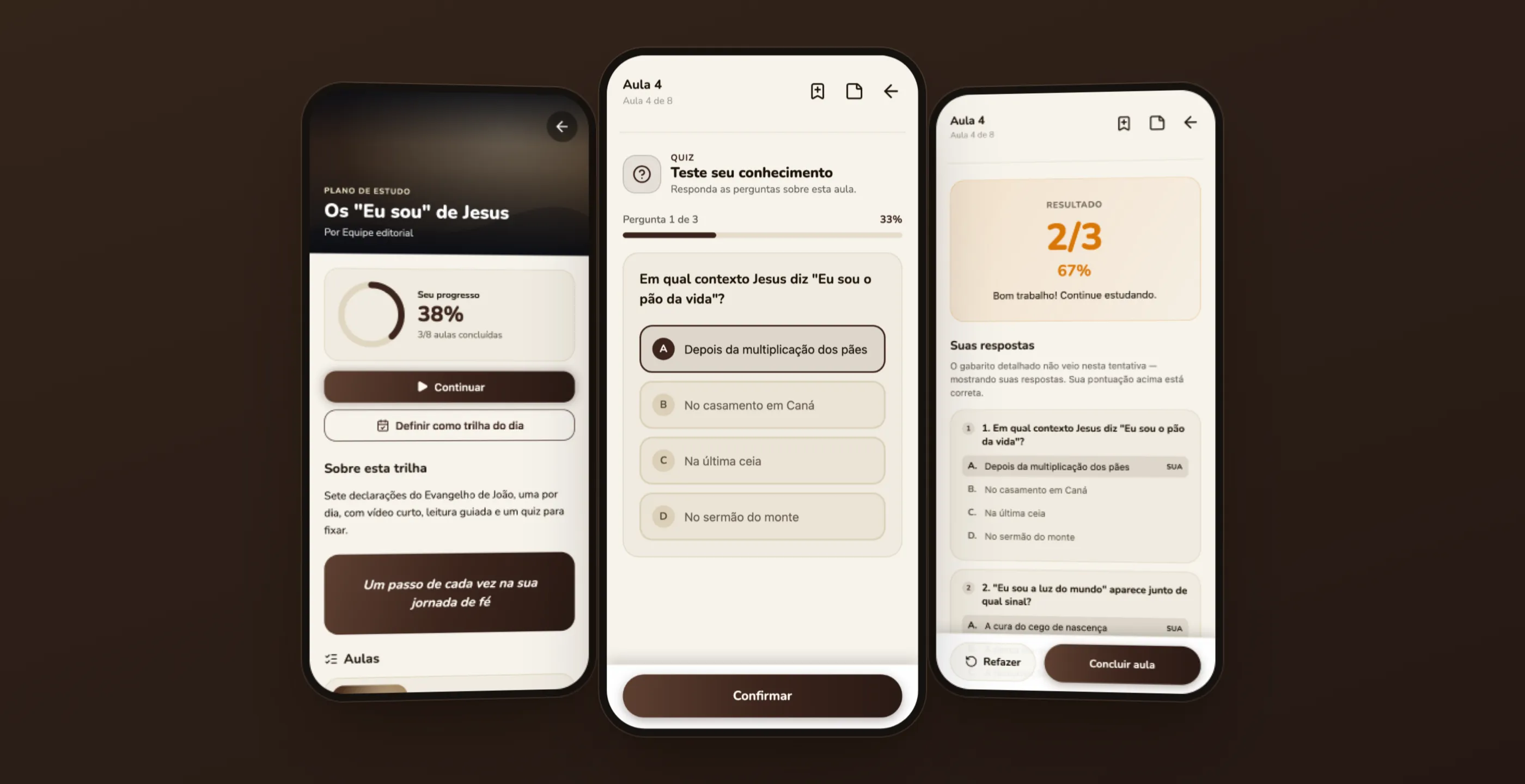 Three phones: the study track with progress, a quiz question, and the result with the person's answers