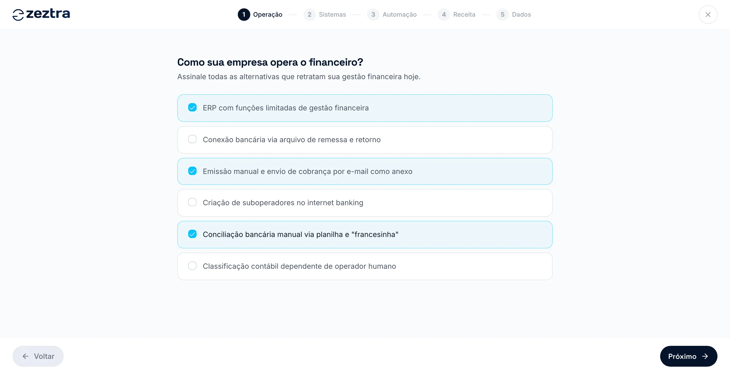 Etapa do diagnóstico com perguntas sobre a operação financeira e alternativas marcadas