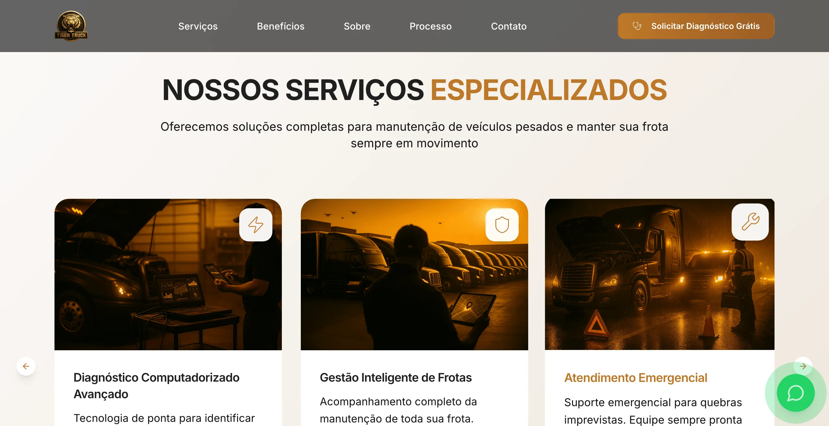 Services carousel with photos of the shop and trucks and learn-more buttons
