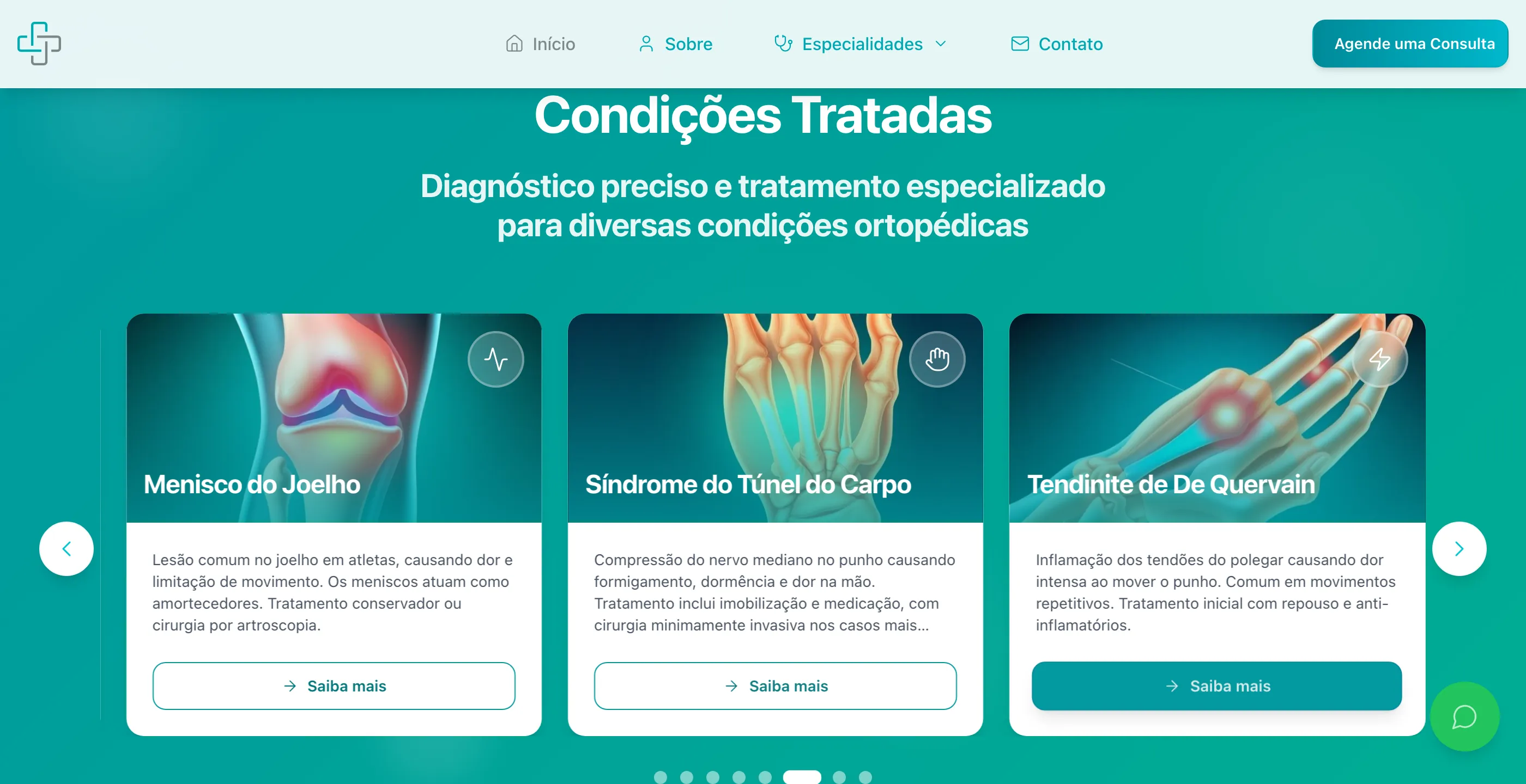 Carrossel de condições tratadas com ilustrações de joelho, punho e polegar