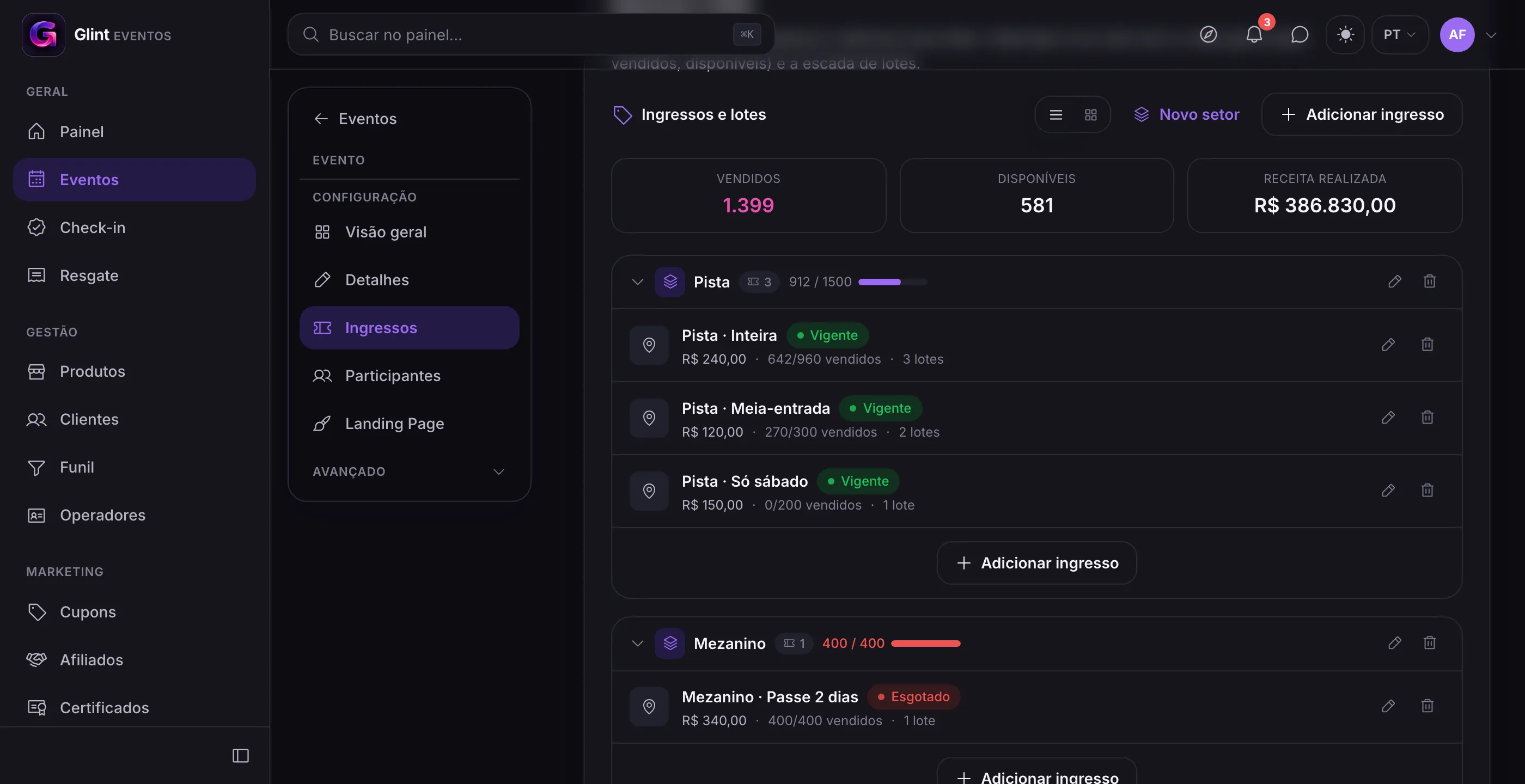 Ticket dashboard with sections in collapsible boxes, a capacity bar, and the status of each type