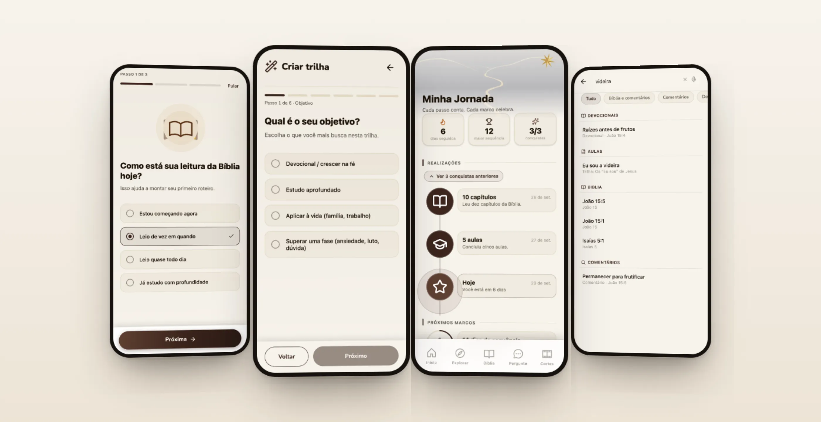 Four phones: the first onboarding question, the first step of the create-a-track assistant, the journey timeline, and search grouped by type