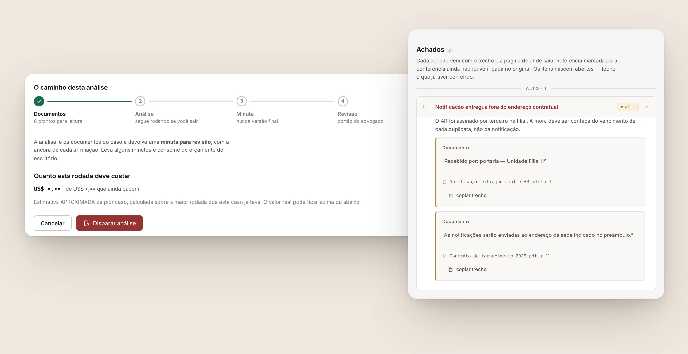 Composite with the new analysis panel, showing the cost estimate before the run button, and an open finding with the verbatim passage and page from each document