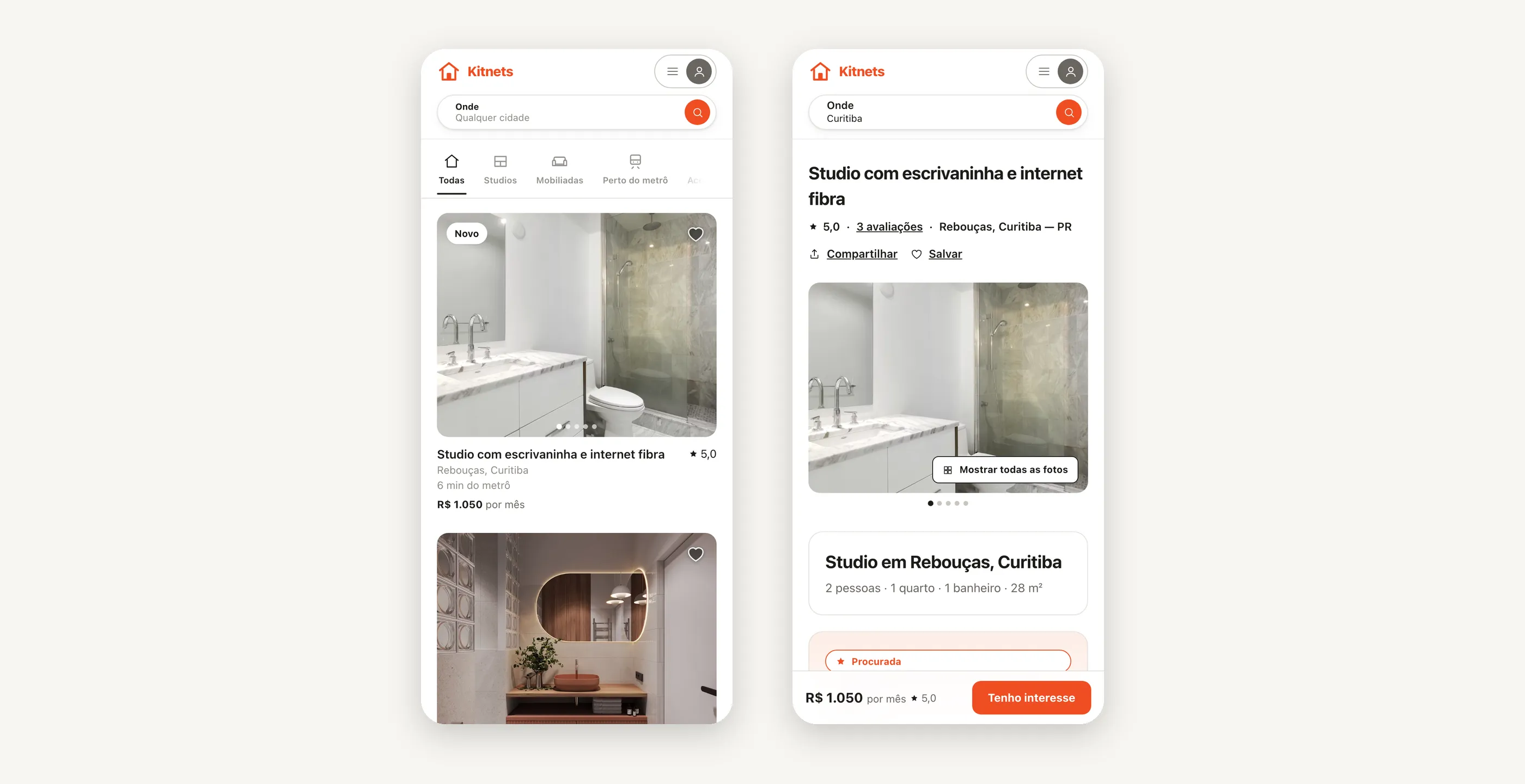 Duas telas de celular: a vitrine com busca e cards, e a página de um anúncio com fotos e barra fixa de preço e botão de interesse