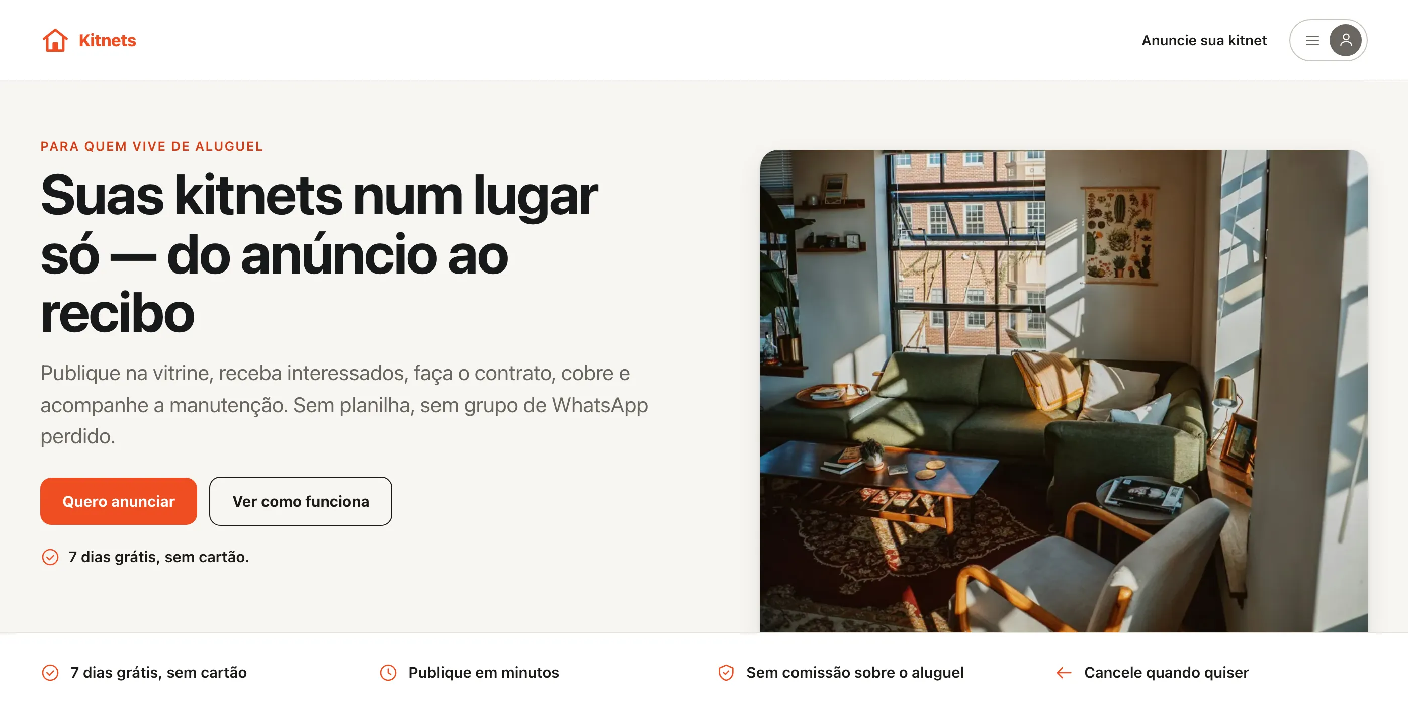Página de vendas para proprietários com o título Suas kitnets num lugar só, do anúncio ao recibo, e as garantias de teste grátis e sem comissão