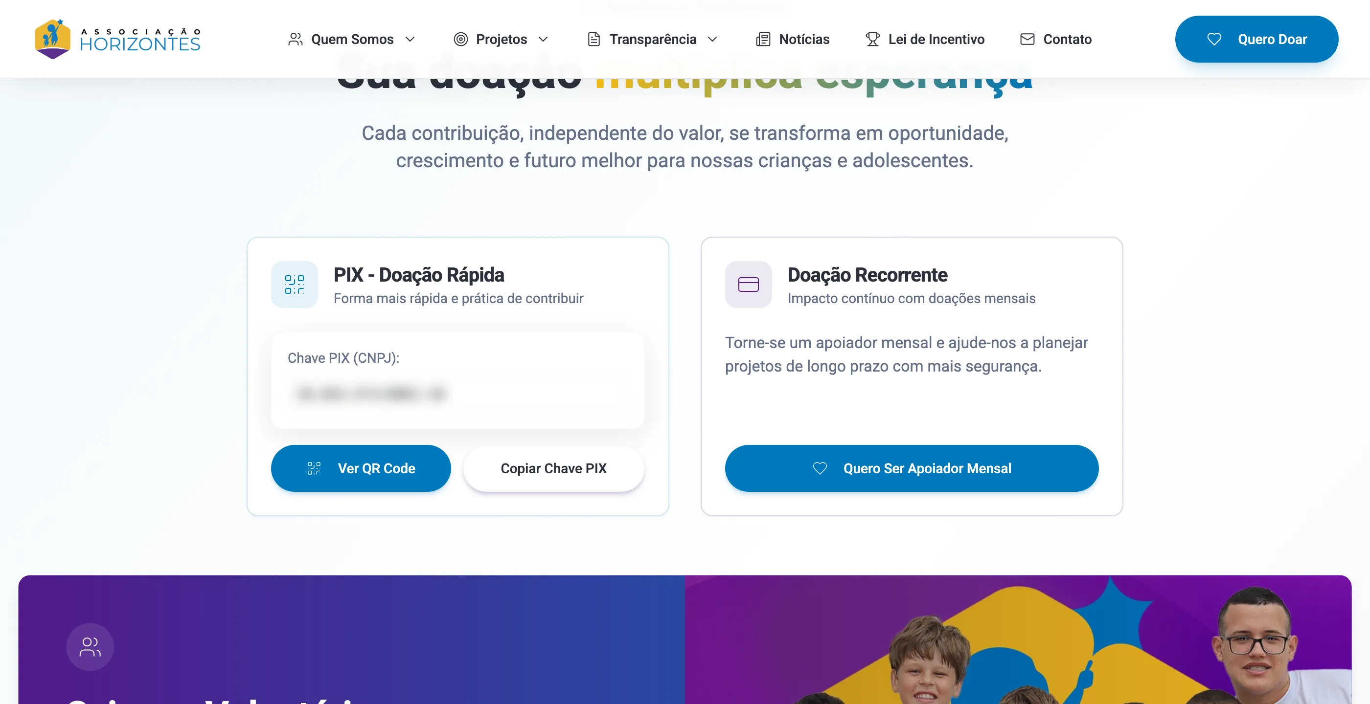 Seção de doação com Pix de doação rápida e doação recorrente