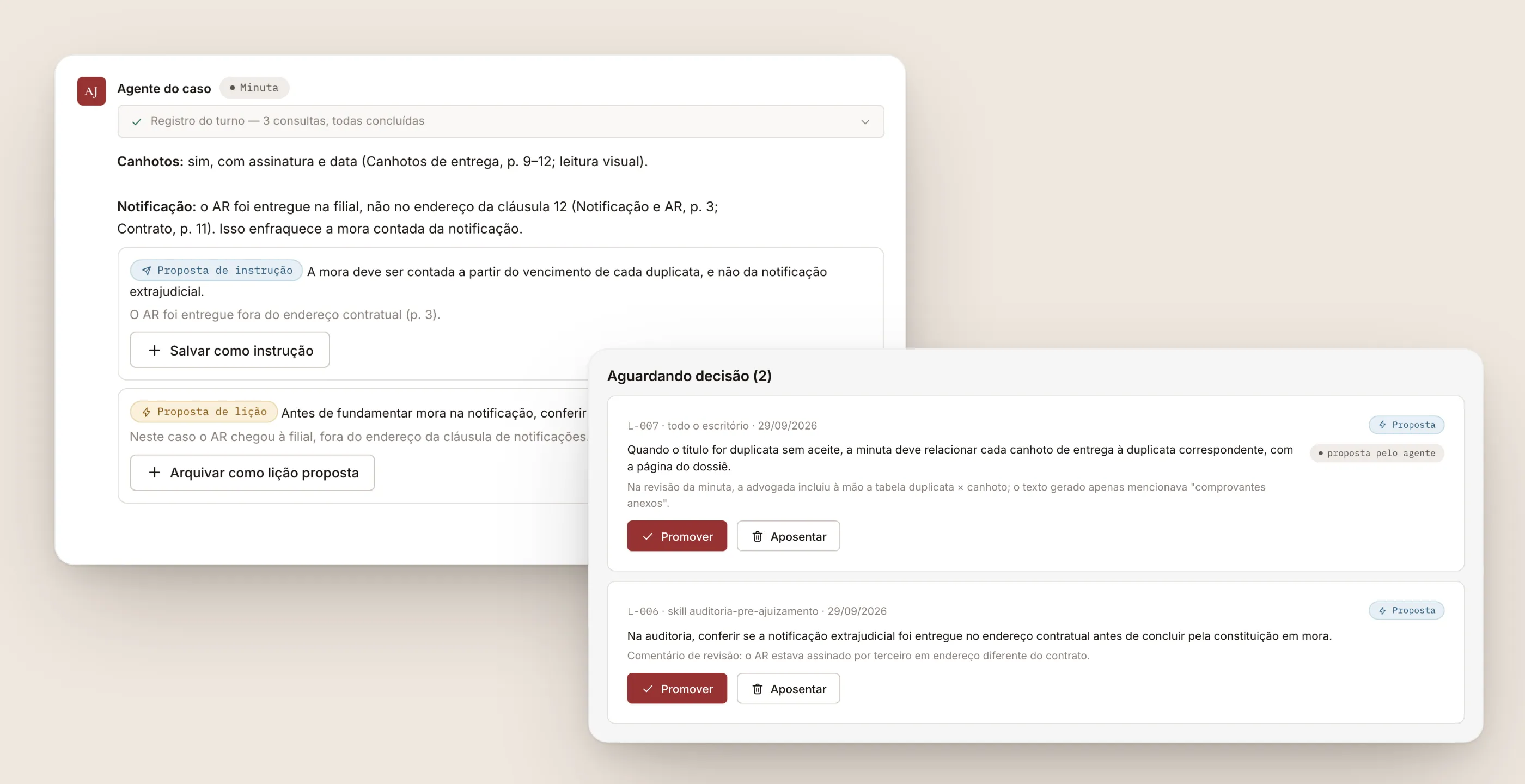 Composite with an agent answer containing proposed instructions and lessons, and the lessons screen with two proposals awaiting a partner's decision