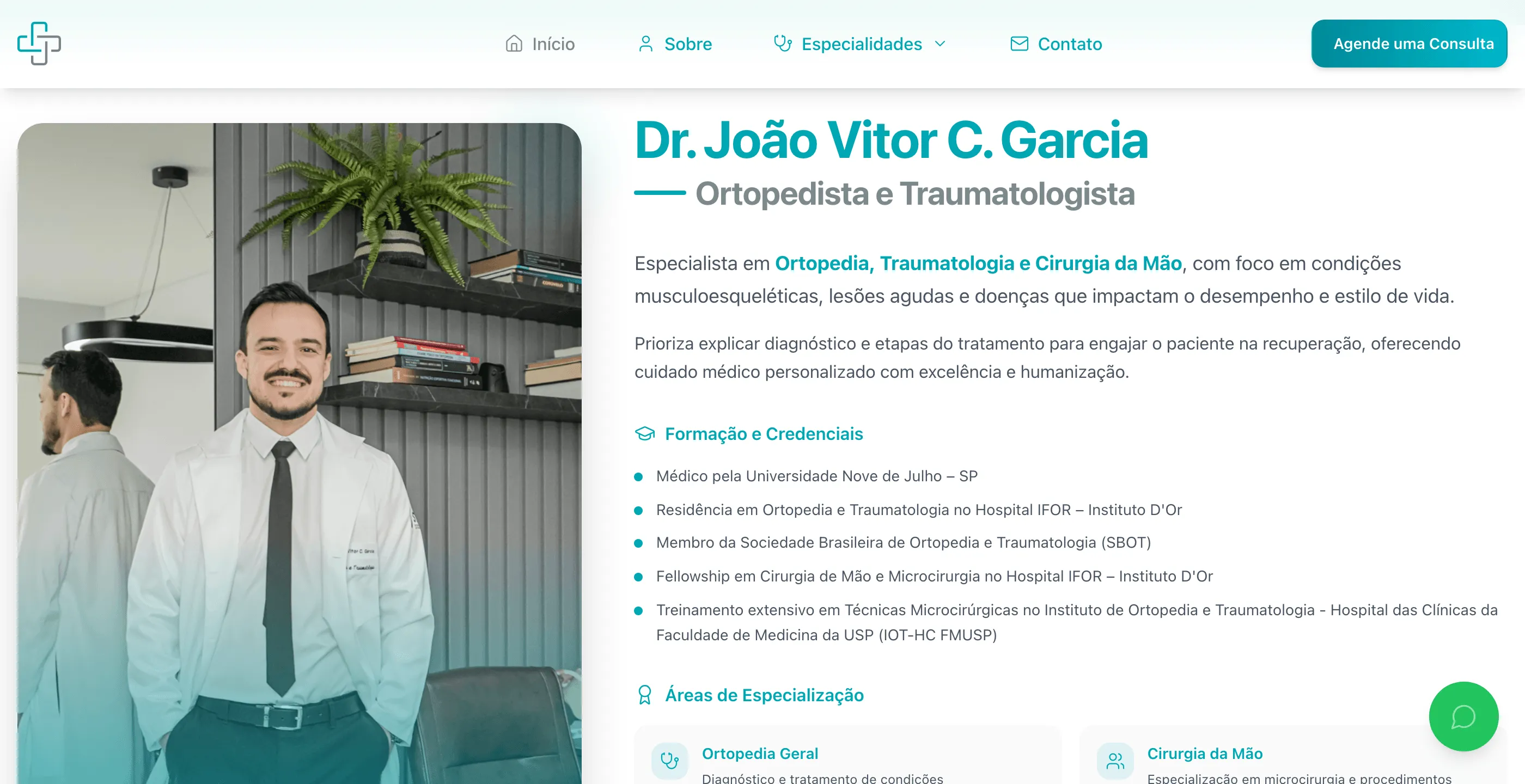Bloco de apresentação do médico com foto, formação e áreas de especialização