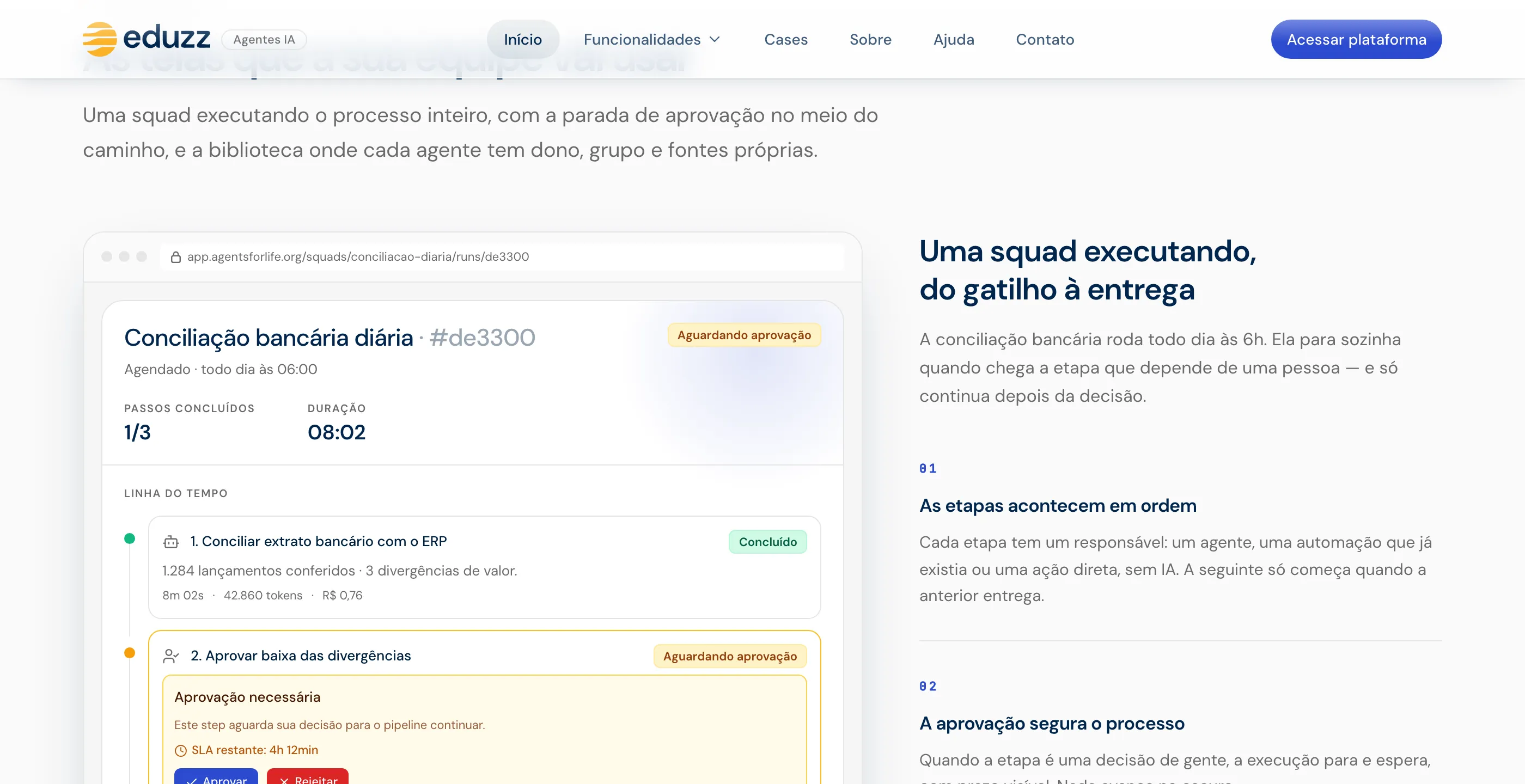 Execução de uma squad de conciliação bancária parada na etapa de aprovação humana, com linha do tempo e custo por etapa