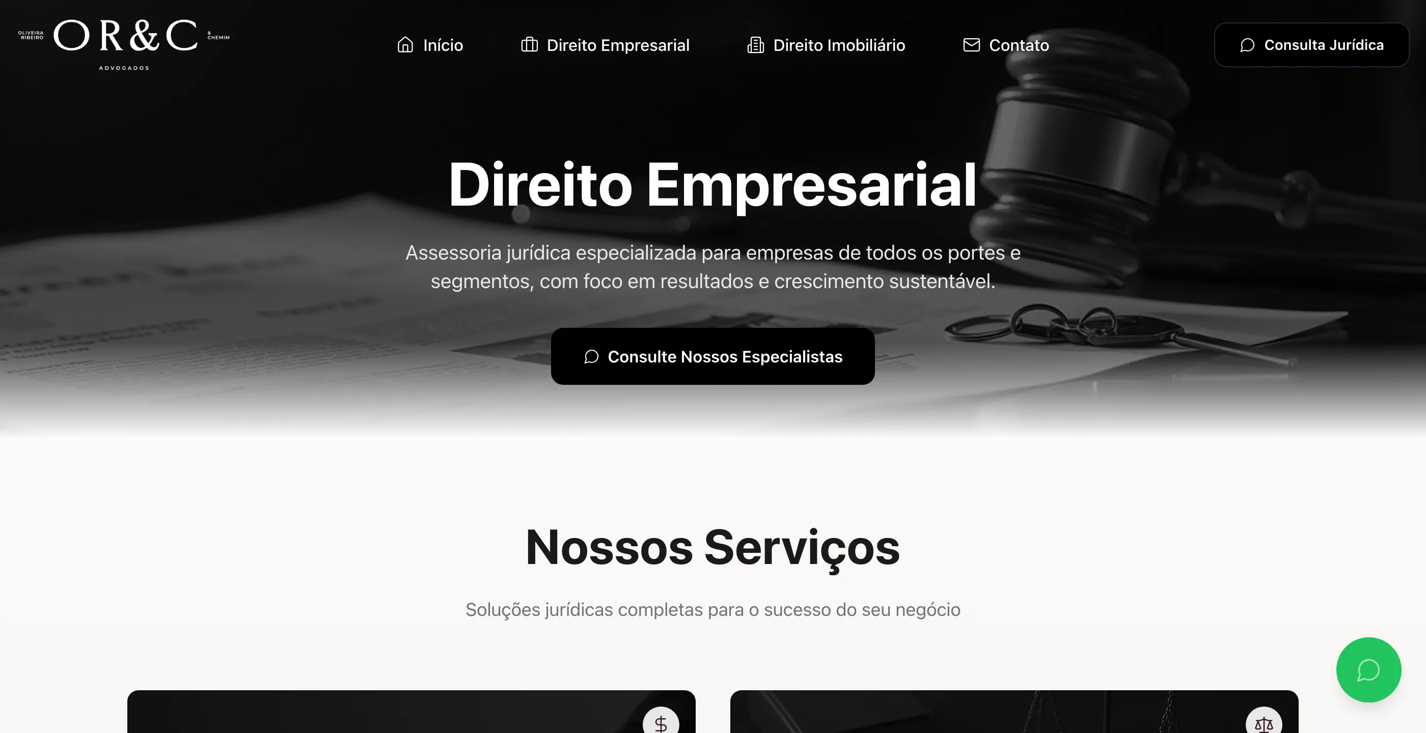 Página de direito empresarial com banner escuro e título da seção de serviços