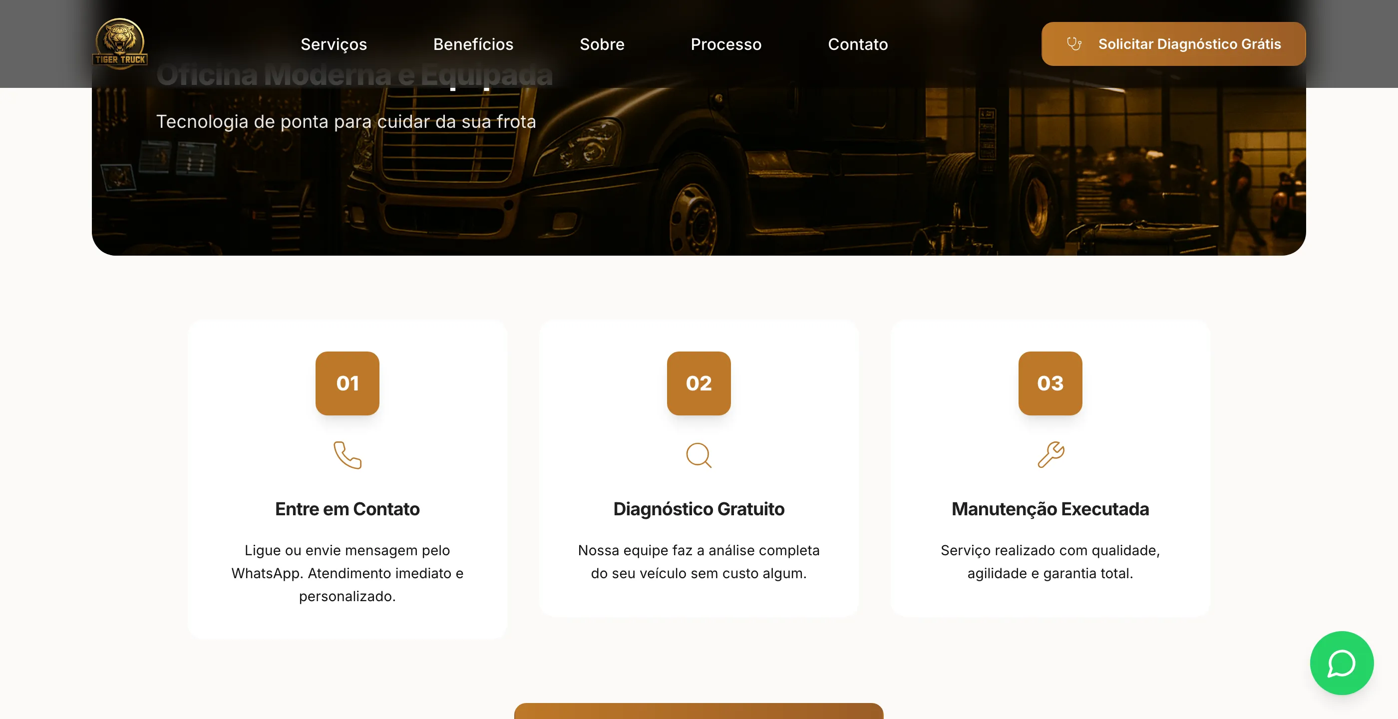 Process section with three numbered steps: get in touch, free diagnosis and maintenance done