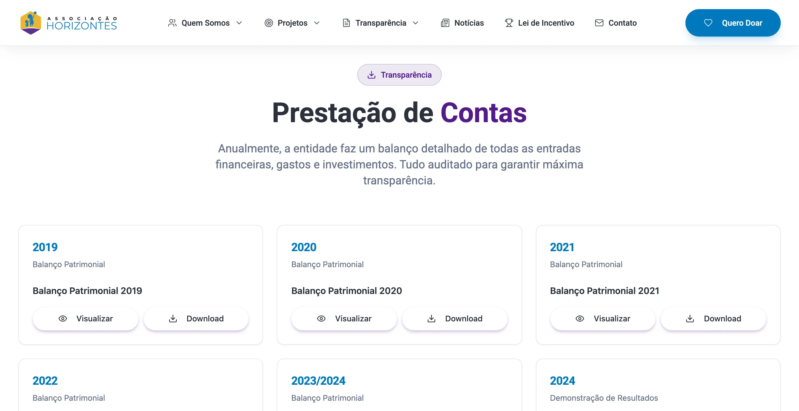 Página de prestação de contas com cards dos balanços patrimoniais de cada ano, com botões de visualizar e baixar