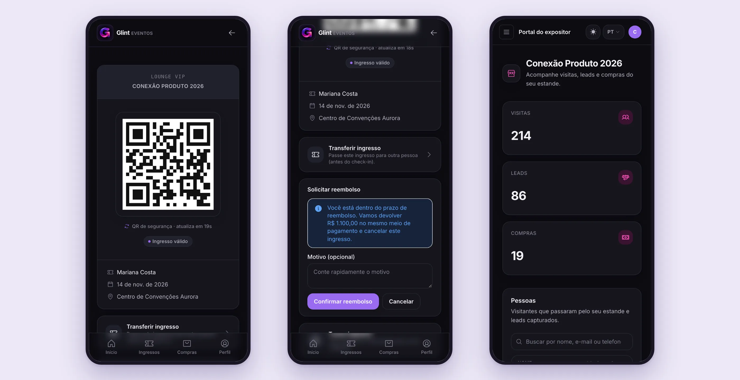 Three phone screens: a ticket with a security QR code and countdown, a refund request within the window, and the exhibitor portal