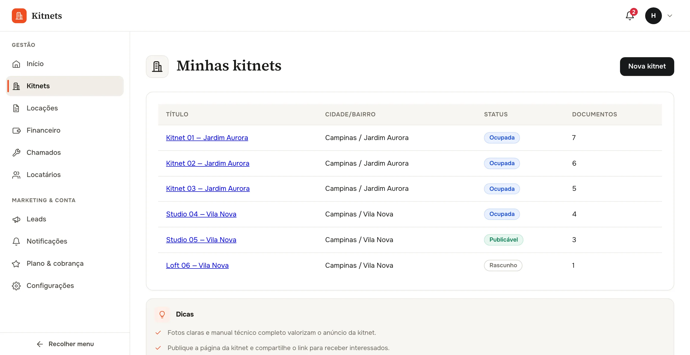 Lista das kitnets do proprietário com status Ocupada, Publicável e Rascunho e a quantidade de documentos de cada uma