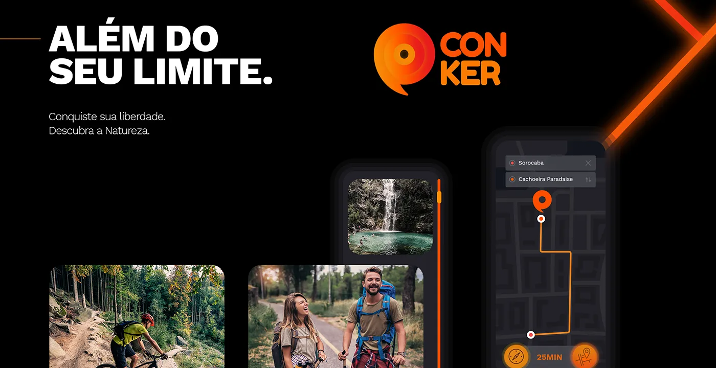 App screen over photos of people on trails and at waterfalls