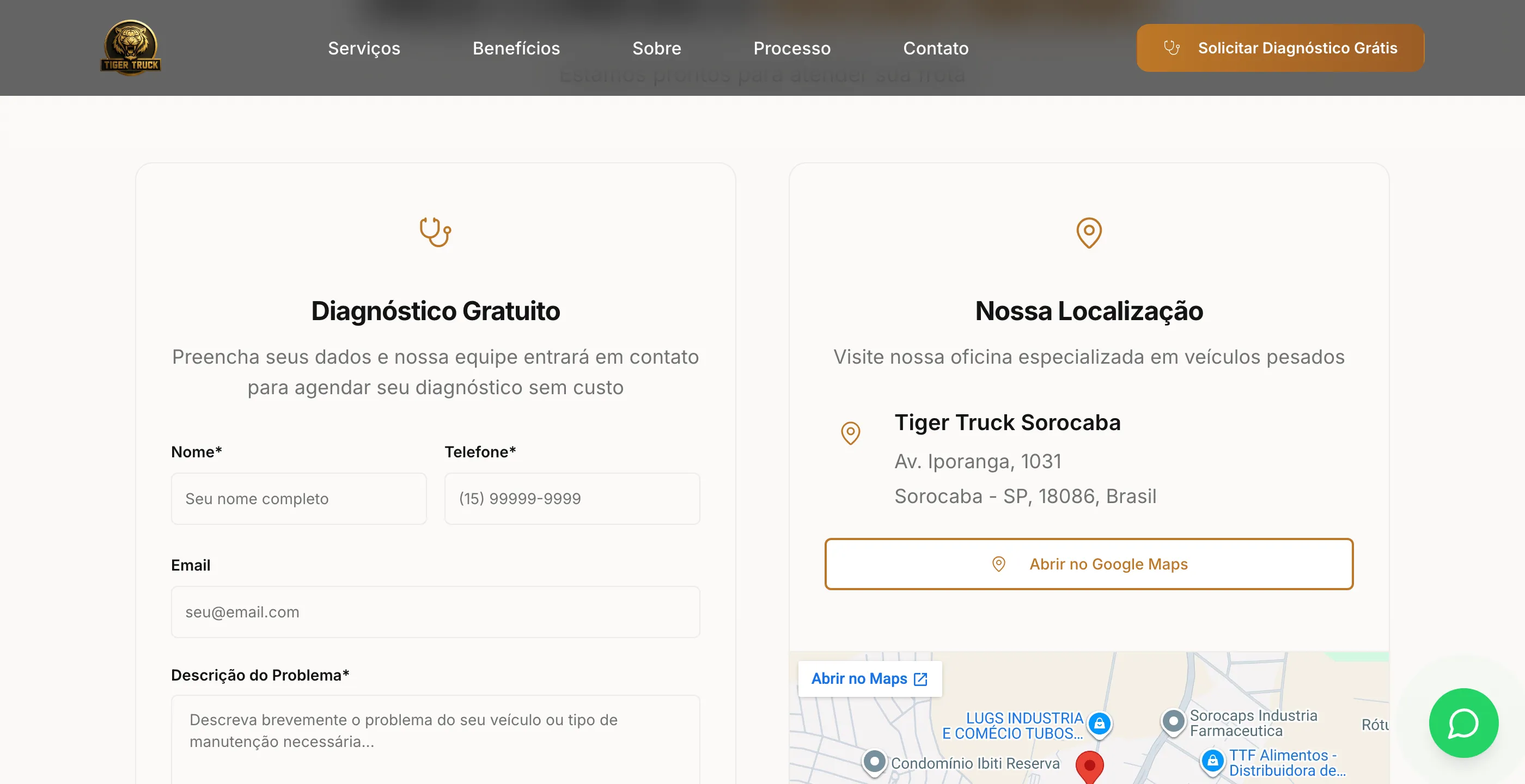 Contact section with a free-diagnosis form and a location block with a map