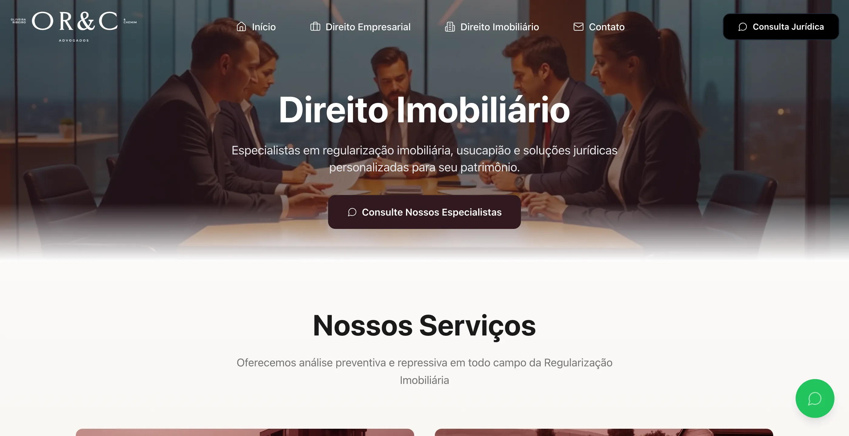 Página de direito imobiliário com banner de reunião e chamada para especialistas