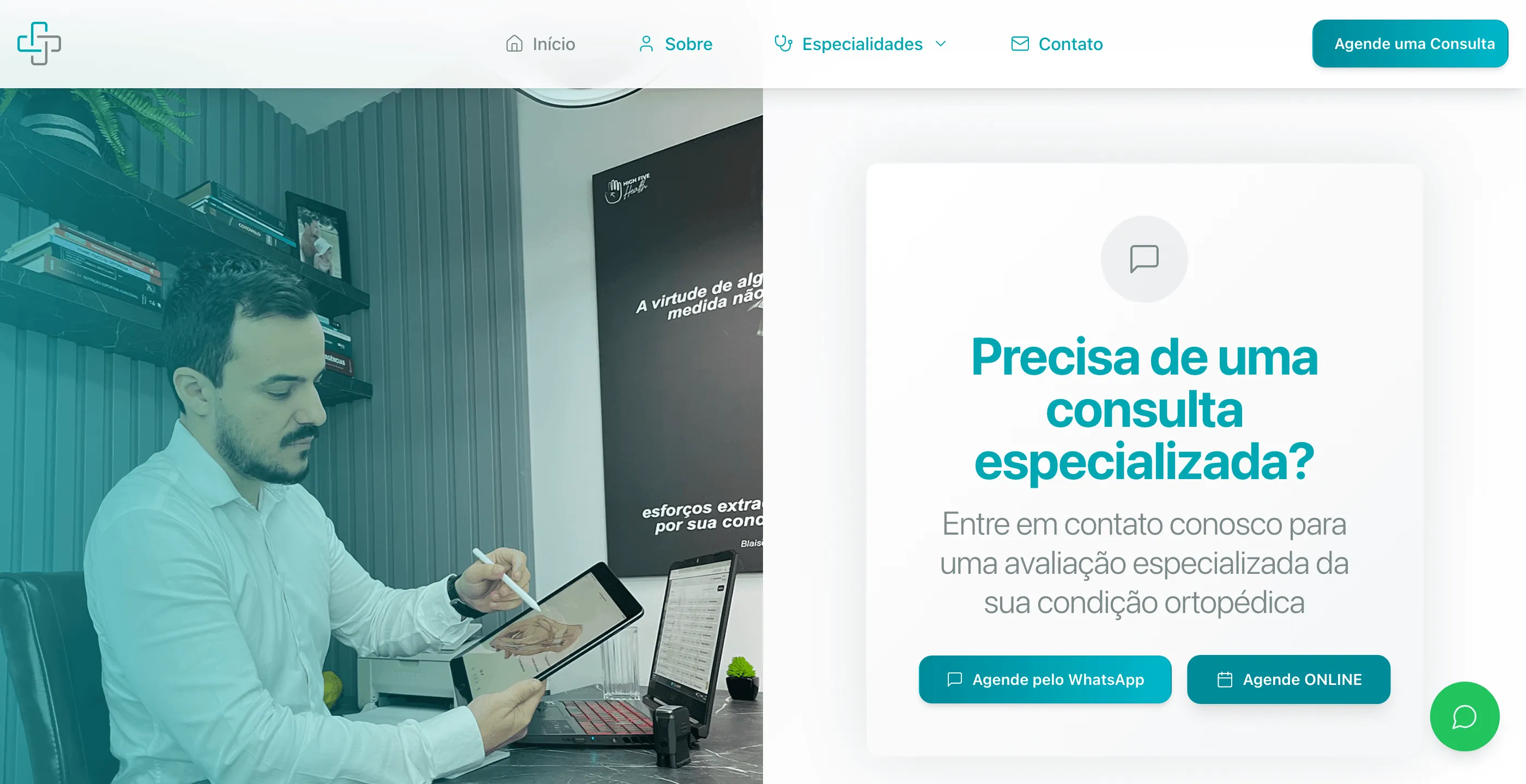 Chamada para consulta com foto do médico no consultório e dois botões: WhatsApp e agendamento online