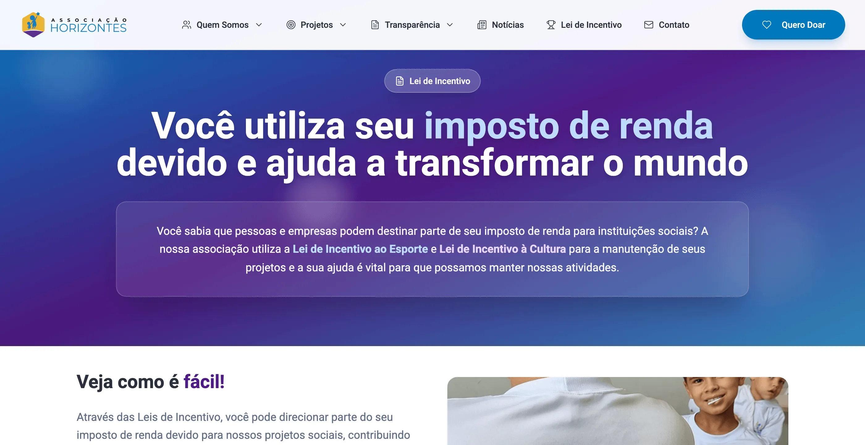 Página sobre lei de incentivo com a chamada para destinar parte do imposto de renda