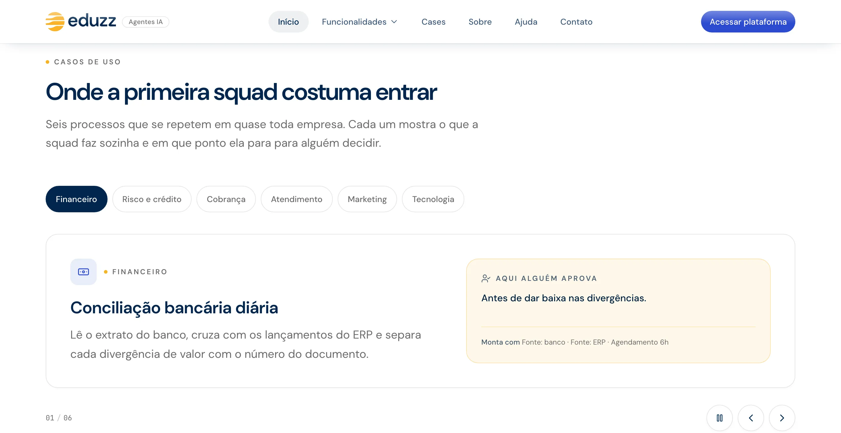 Casos de uso em abas por área, com cenário de conciliação bancária e o ponto de aprovação humana