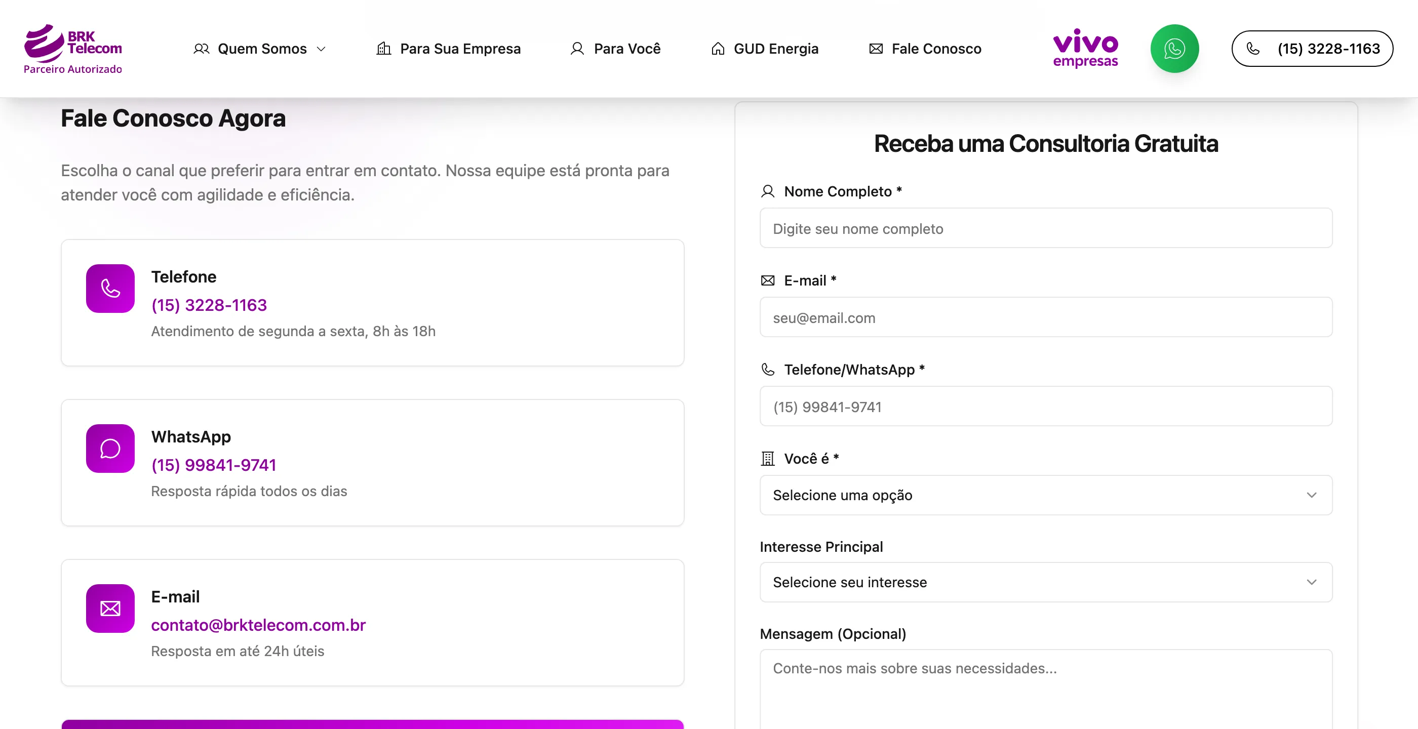 Homepage contact section with phone, WhatsApp and email next to the free consultation form