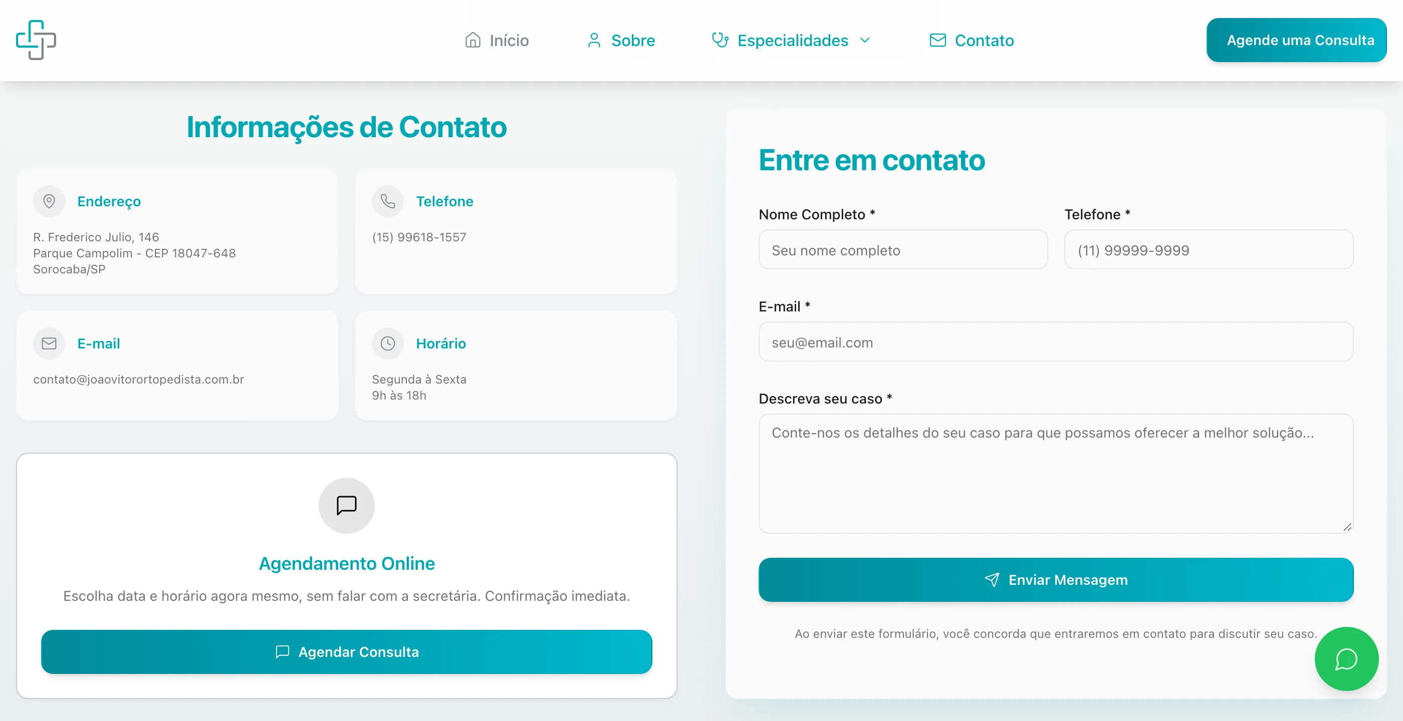 Seção de contato com endereço, horário, bloco de agendamento online e formulário