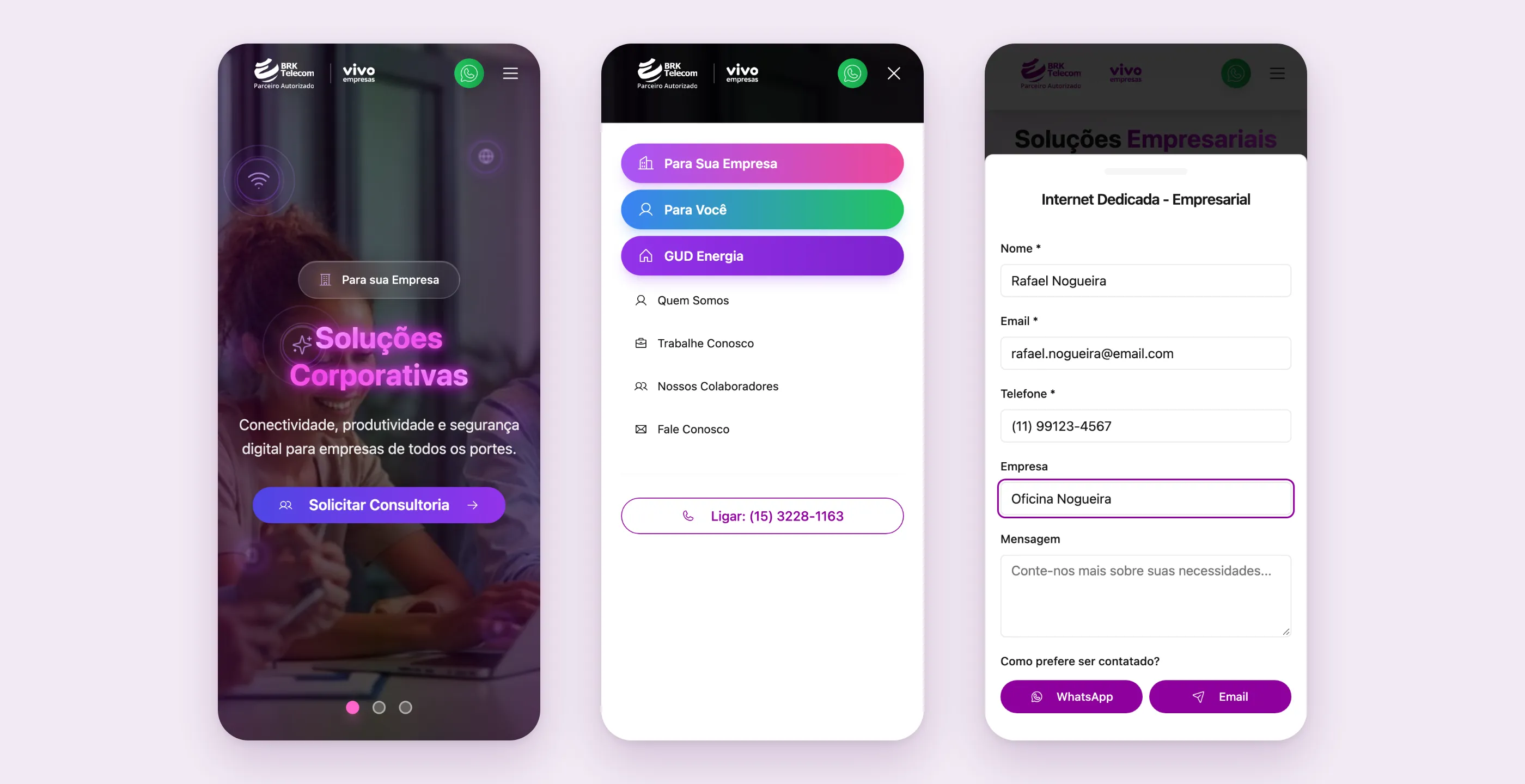 Three mobile screens: homepage banner, open menu with the three main entry points and the contact form as a bottom sheet