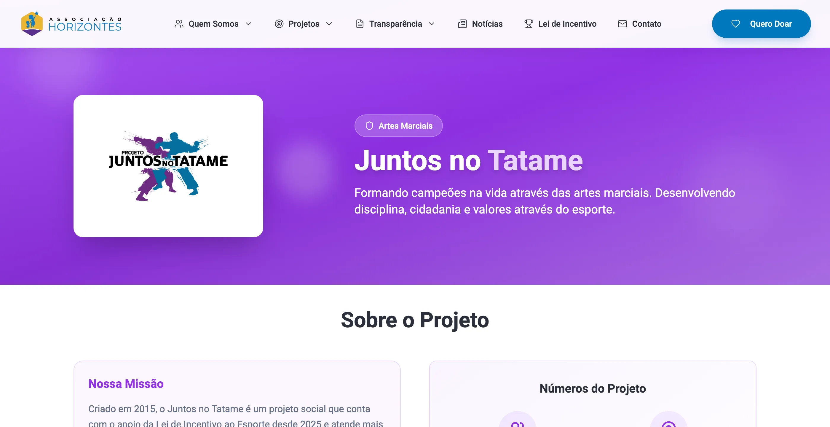 Página do projeto de artes marciais com logotipo do projeto, missão e números