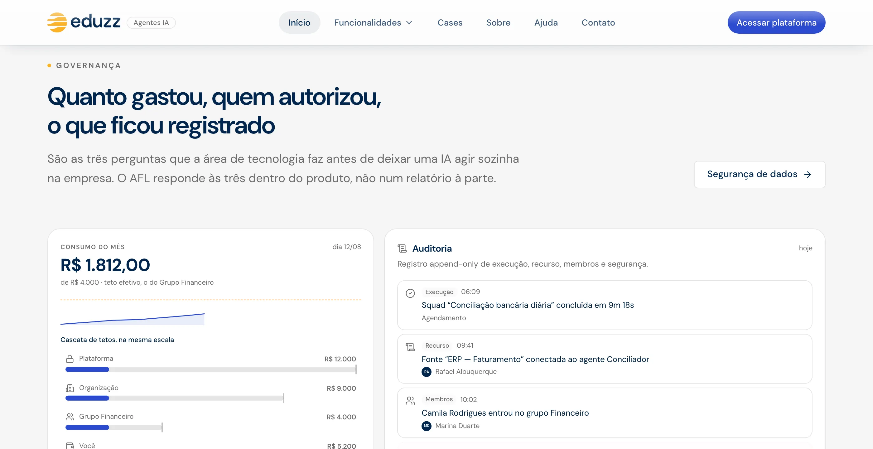 Seção de governança com painel de consumo em cascata e feed de auditoria