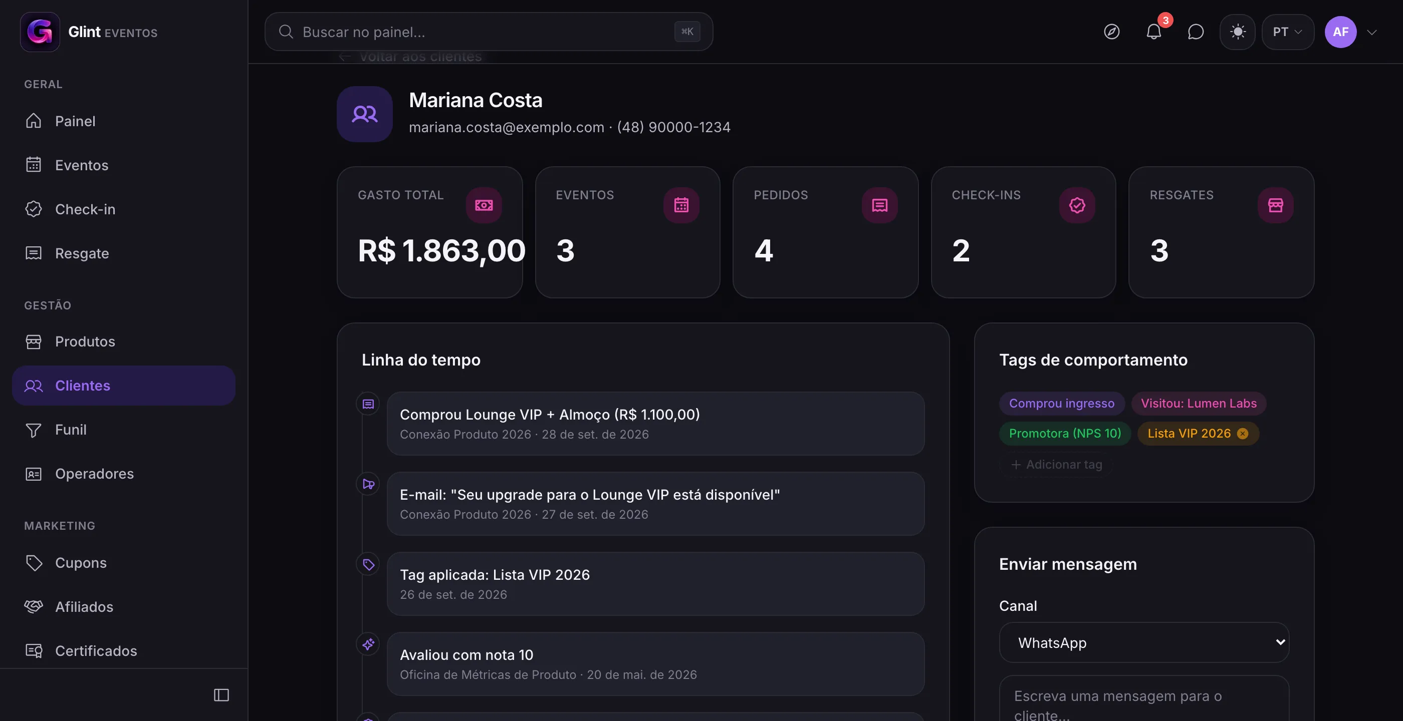 Profile of a fictional attendee with indicators, a timeline of purchases, check-ins, and visits, and behavior tags