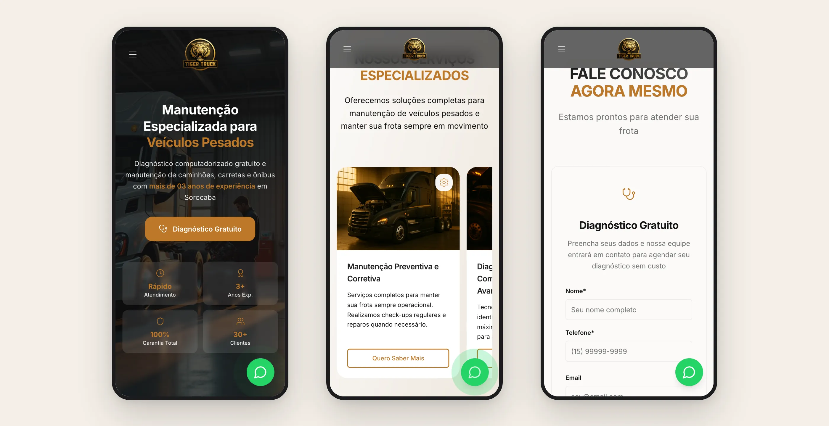 Three mobile screens of the landing page: top, services and contact form