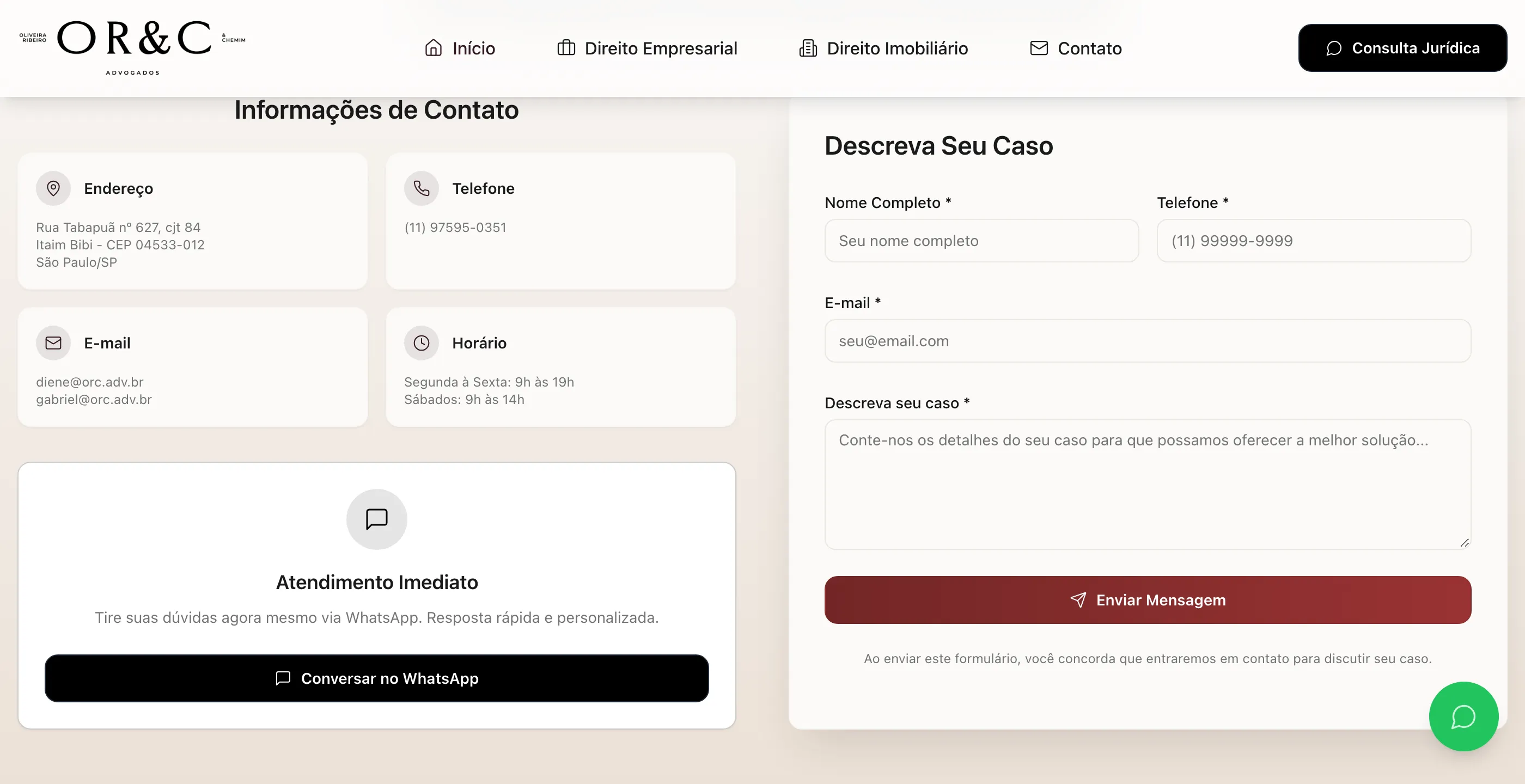 Seção de contato com dados do escritório, atendimento por WhatsApp e formulário para descrever o caso