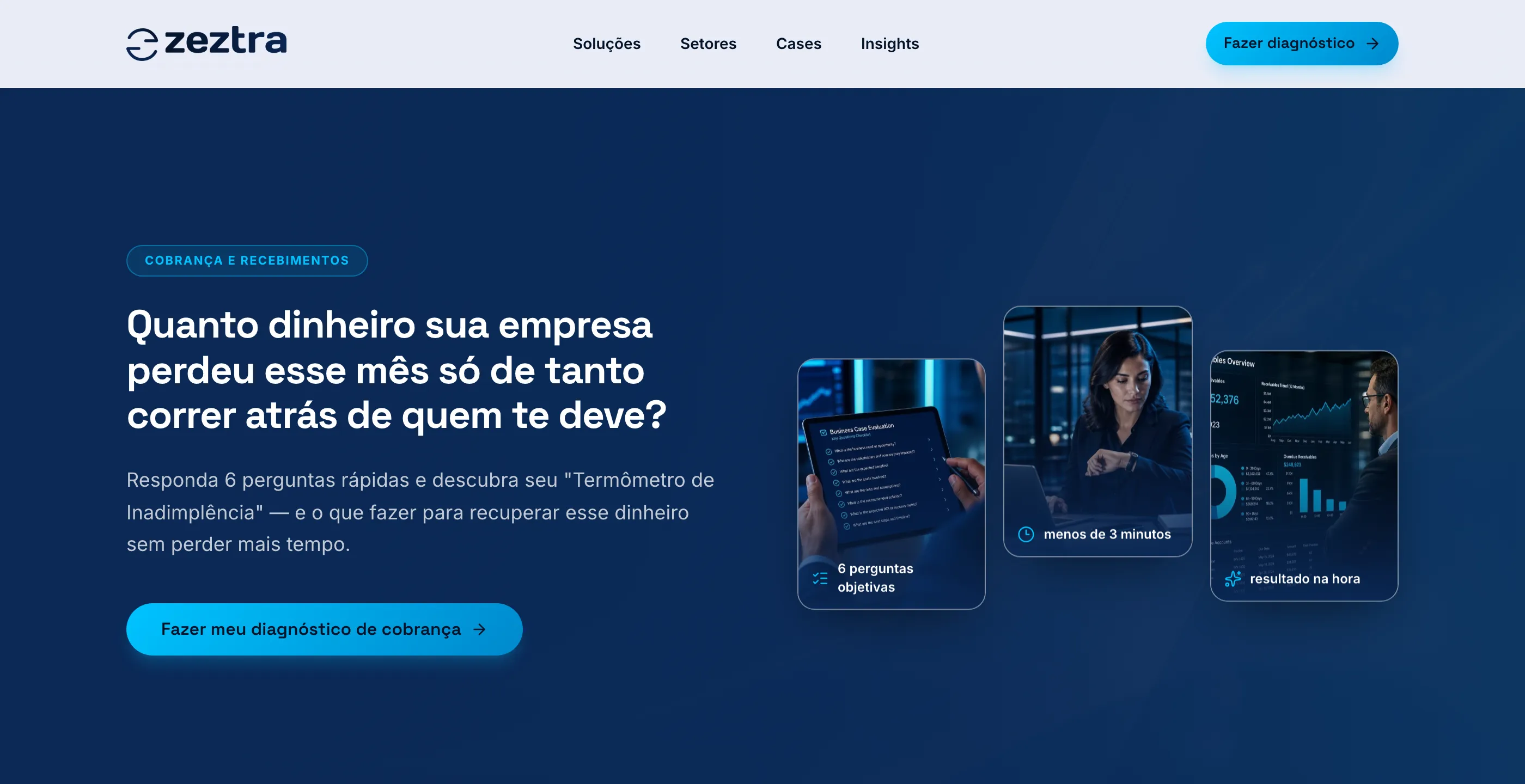 Página de campanha do Termômetro de Inadimplência com chamada e cards flutuantes