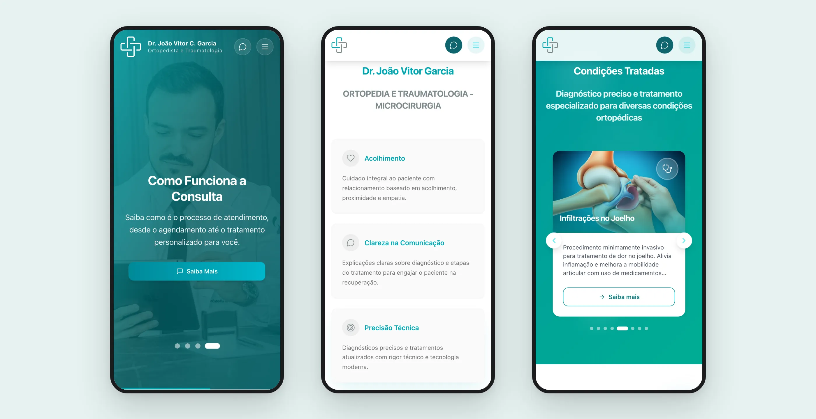 Três telas do site no celular: banner, pilares do atendimento e condições tratadas